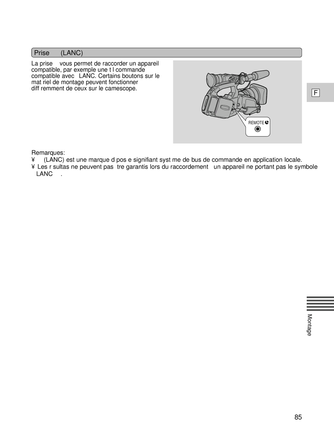 Canon XL1S instruction manual Prise m Lanc, Remarques 