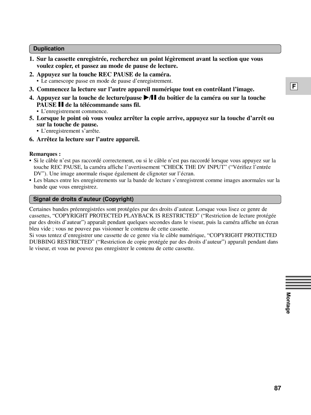 Canon XL1S instruction manual Arrêtez la lecture sur l’autre appareil, Signal de droits d’auteur Copyright 