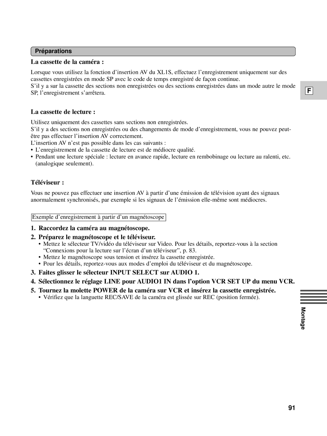 Canon XL1S instruction manual La cassette de la caméra, La cassette de lecture, Téléviseur 