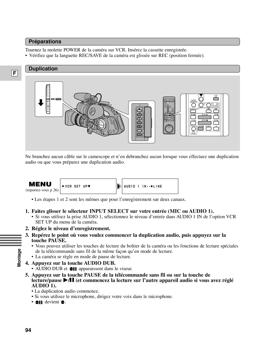 Canon XL1S instruction manual Pré parations, Duplication, Appuyez sur la touche Audio DUB 