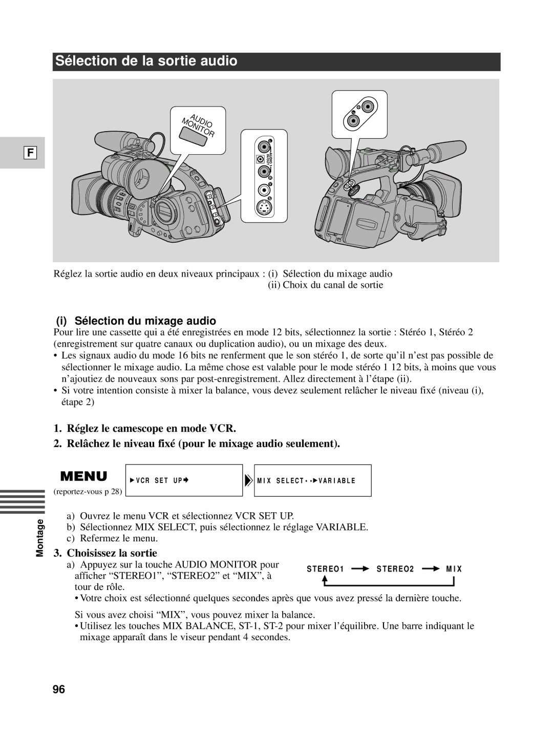 Canon XL1S instruction manual Sé lection de la sortie audio, Sé lection du mixage audio, Choisissez la sortie 