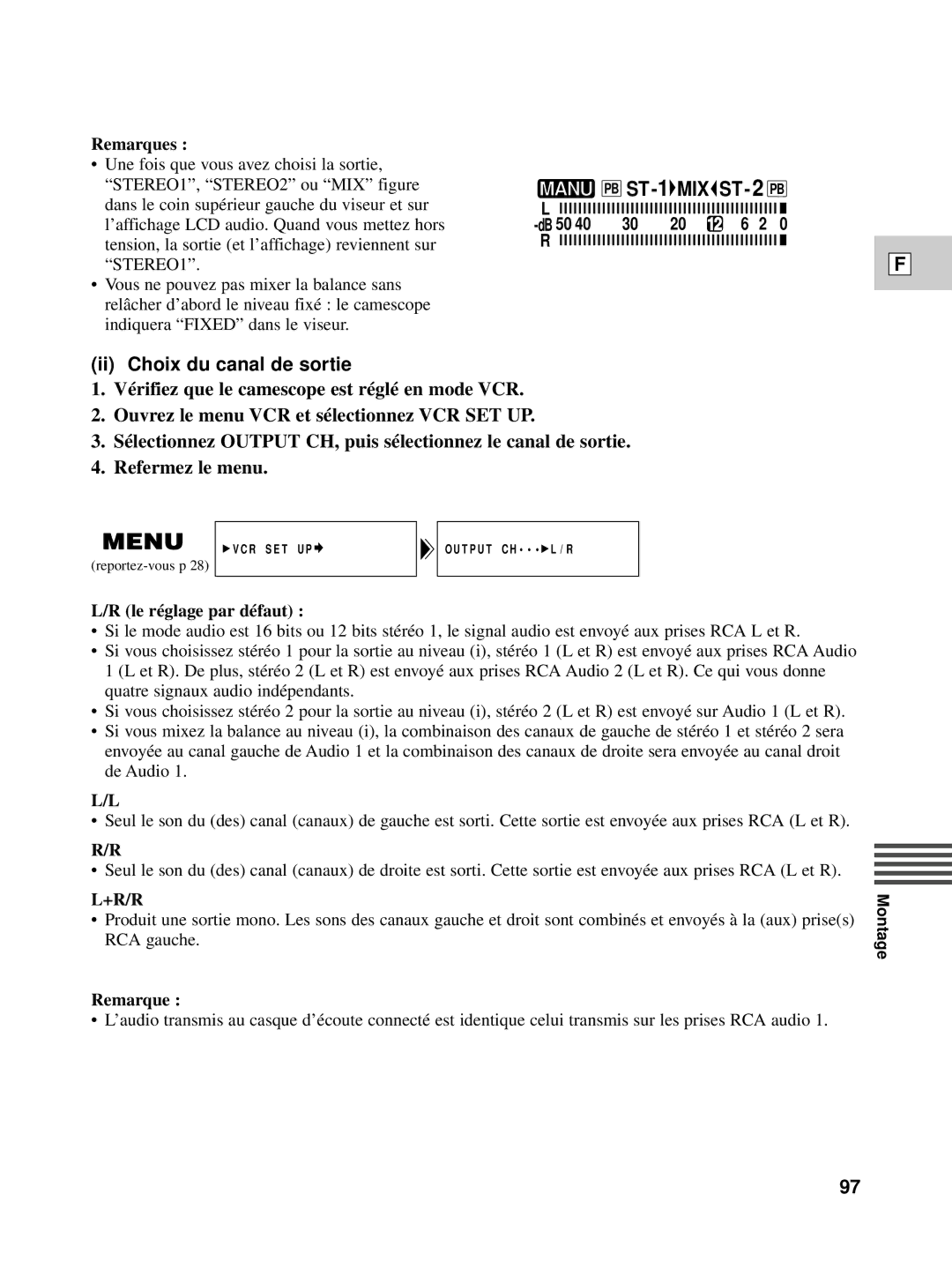 Canon XL1S instruction manual Ii Choix du canal de sortie, Le réglage par défaut 