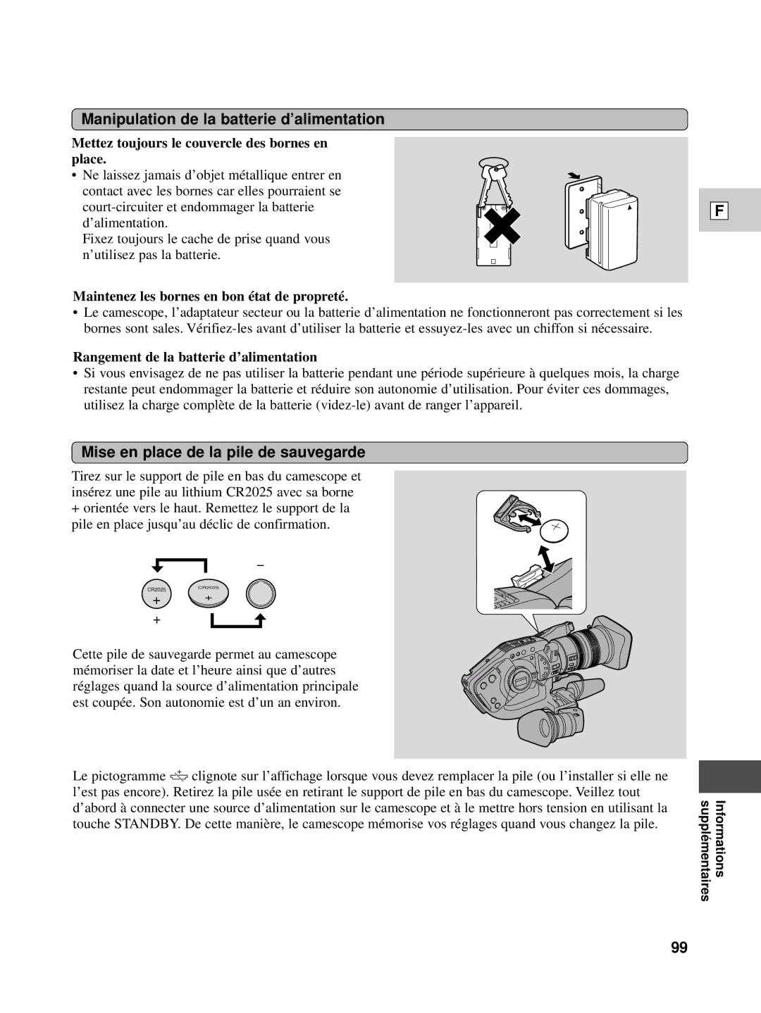 Canon XL1S instruction manual Manipulation de la batterie d’alimentation, Mise en place de la pile de sauvegarde 