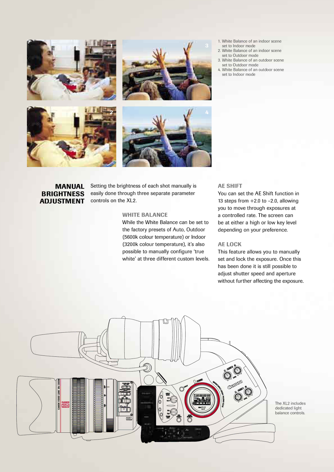 Canon XL2 manual Brightness, Adjustment, White Balance, AE Shift, AE Lock 