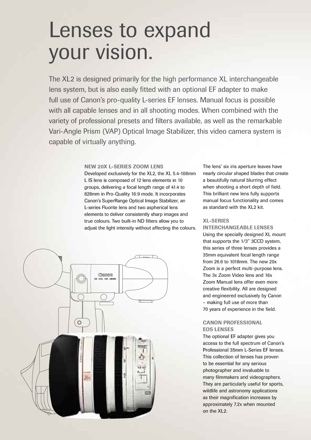 Canon XL2 manual NEW 20X L-SERIES Zoom Lens, XL-SERIES Interchangeable Lenses, Canon Professional EOS Lenses 