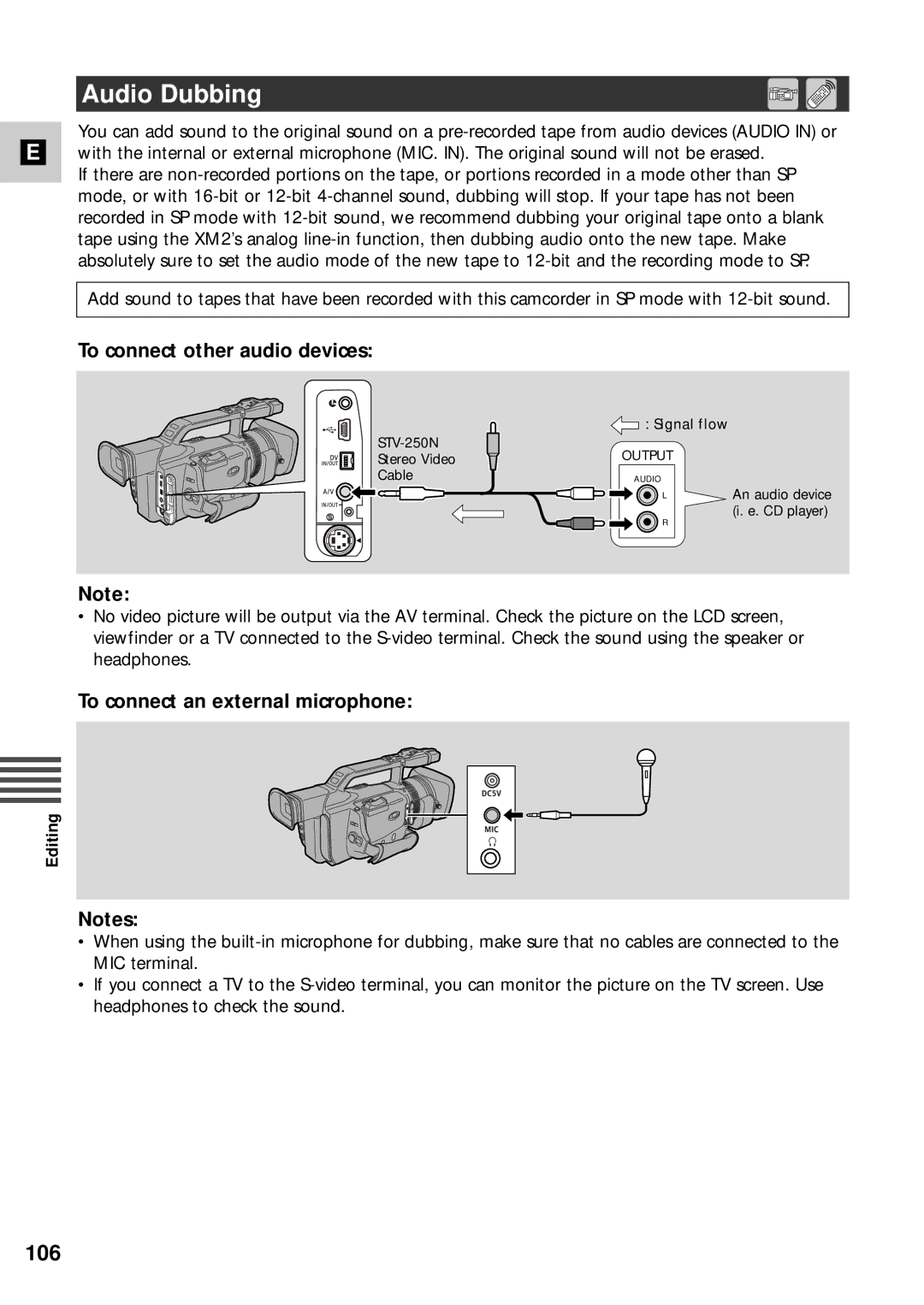 Canon XM2 PAL instruction manual Audio Dubbing, 106, To connect other audio devices, To connect an external microphone 