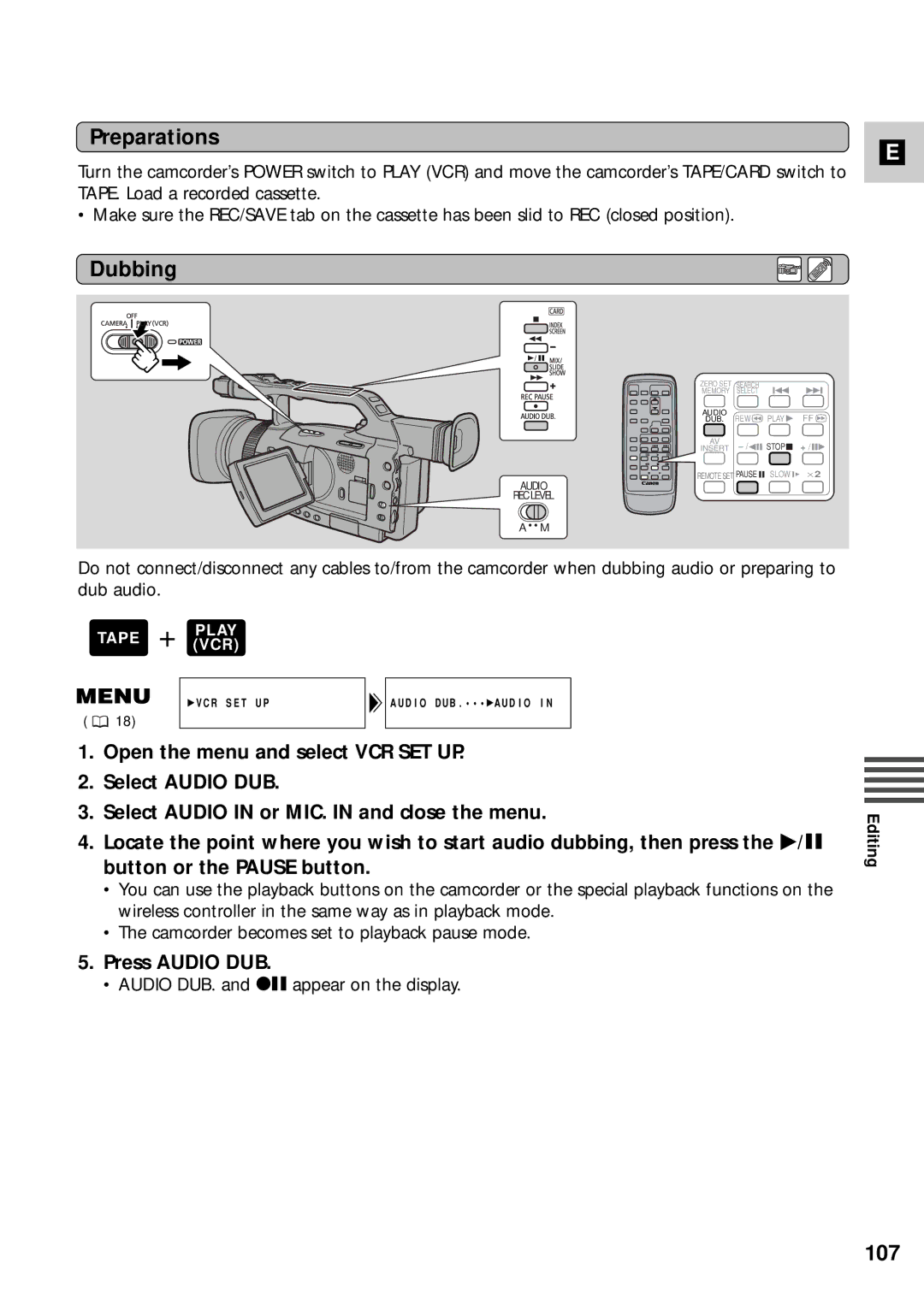 Canon XM2 PAL instruction manual 107, Press Audio DUB 