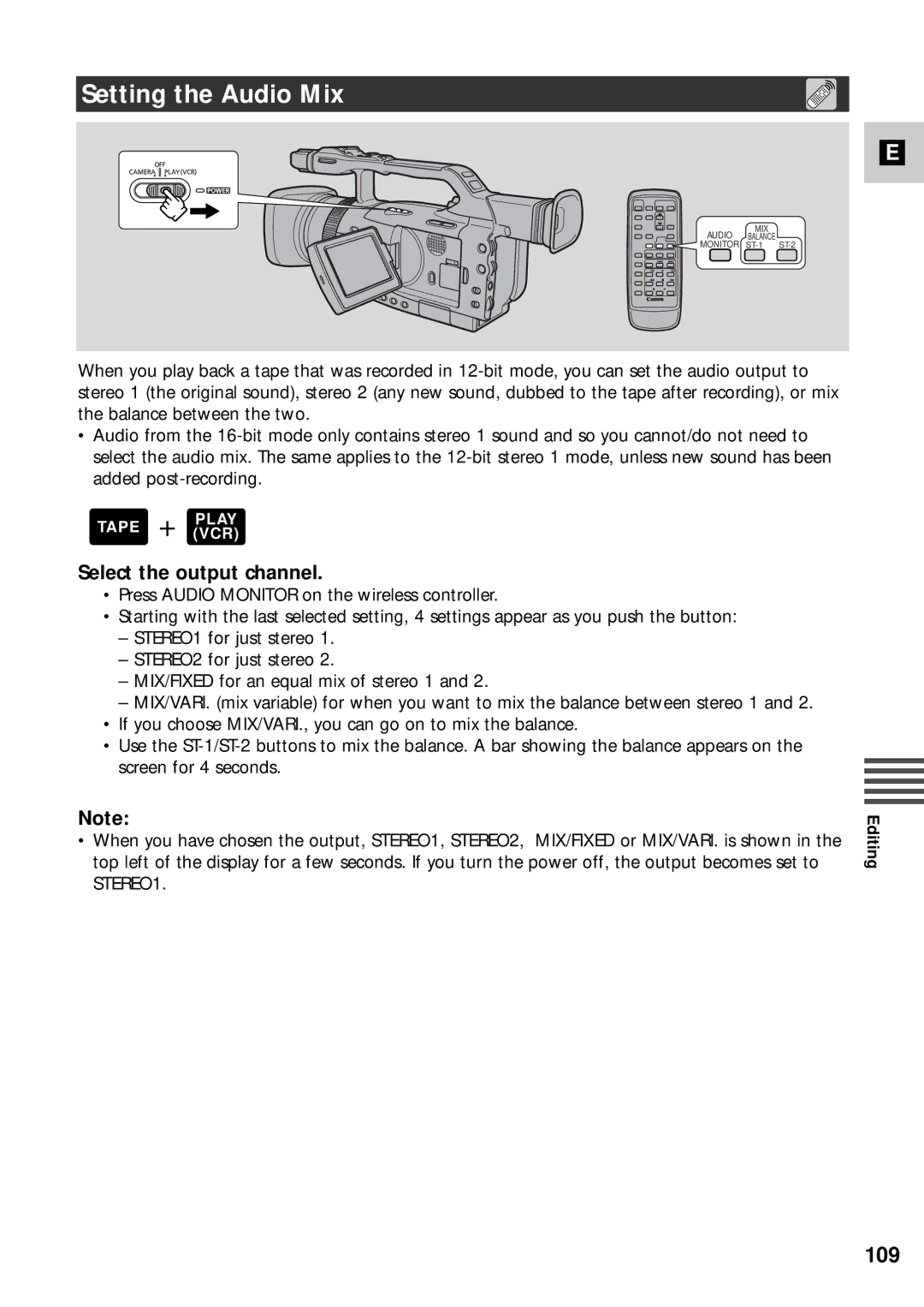 Canon XM2 PAL instruction manual Setting the Audio Mix, 109, Select the output channel 