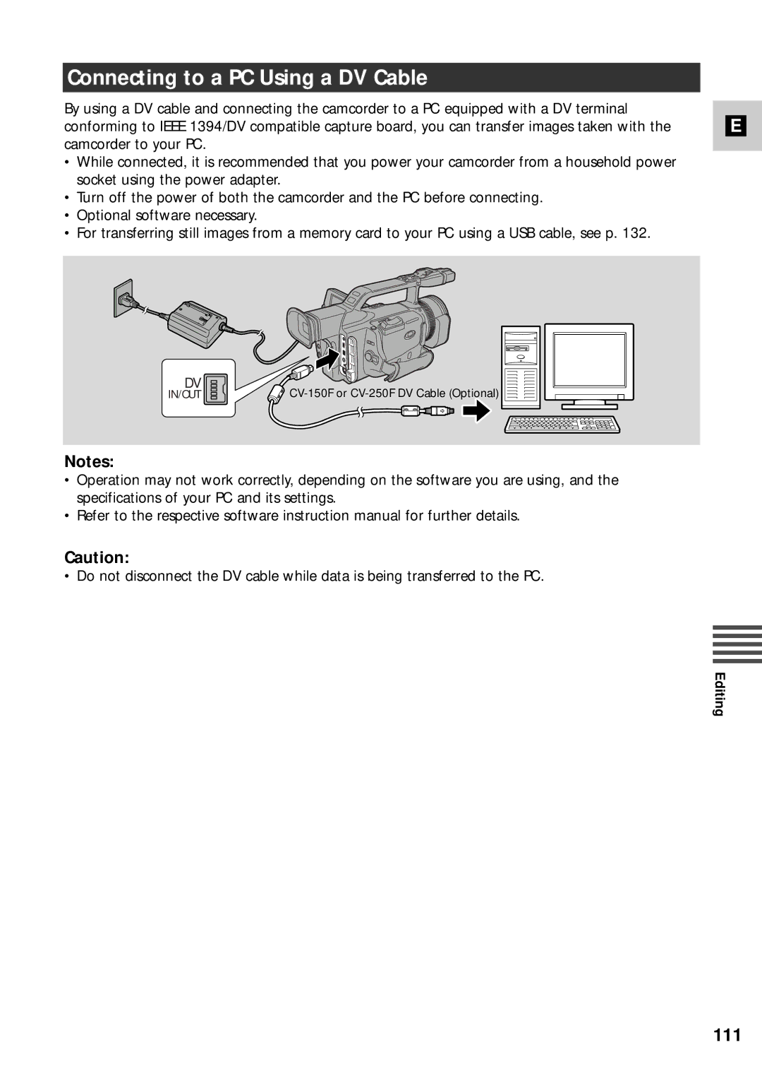 Canon XM2 PAL instruction manual Connecting to a PC Using a DV Cable, 111 