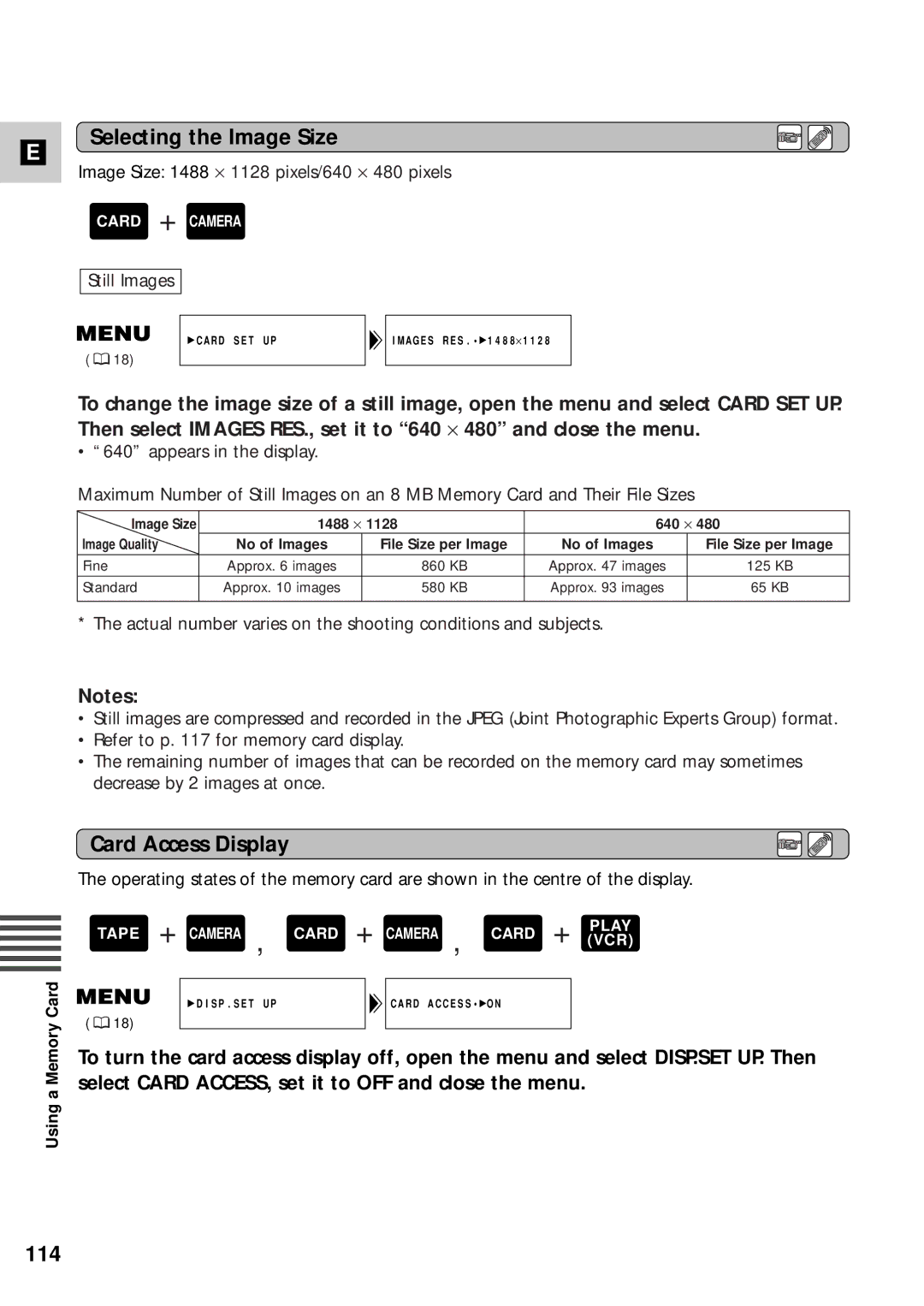 Canon XM2 PAL instruction manual Selecting the Image Size, Card Access Display, 114 