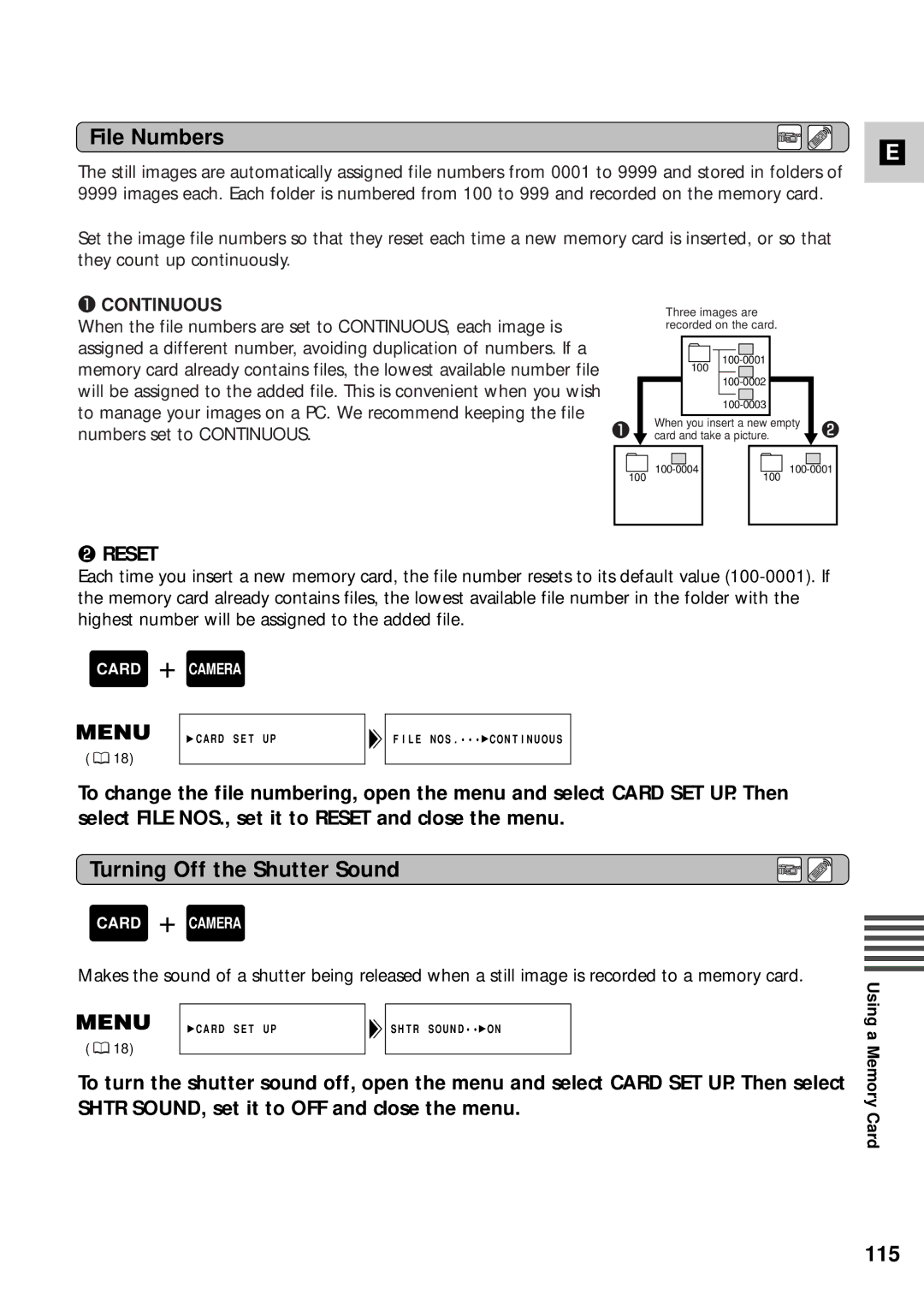 Canon XM2 PAL instruction manual File Numbers, Turning Off the Shutter Sound, 115 