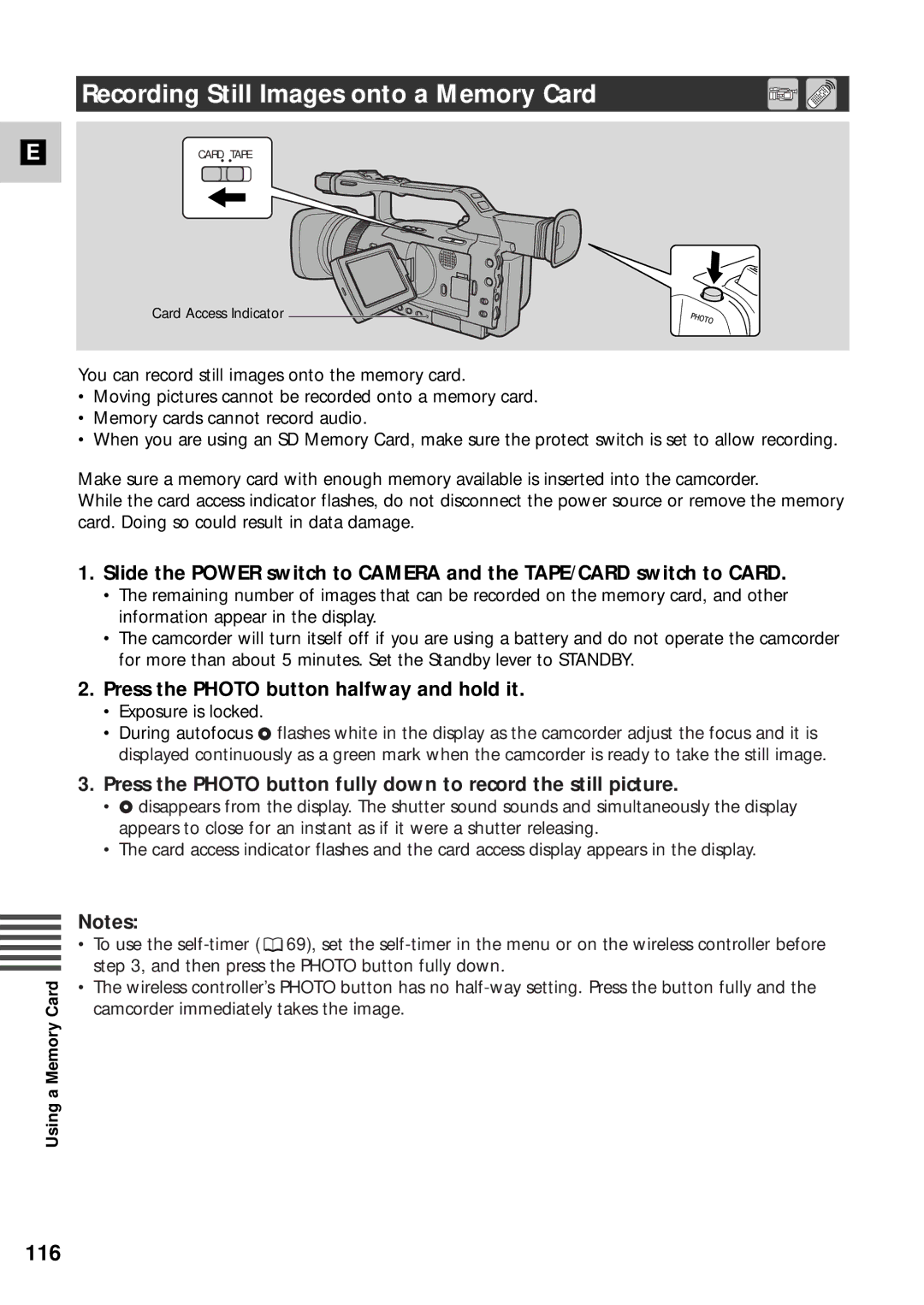 Canon XM2 PAL instruction manual Recording Still Images onto a Memory Card, 116, Press the Photo button halfway and hold it 