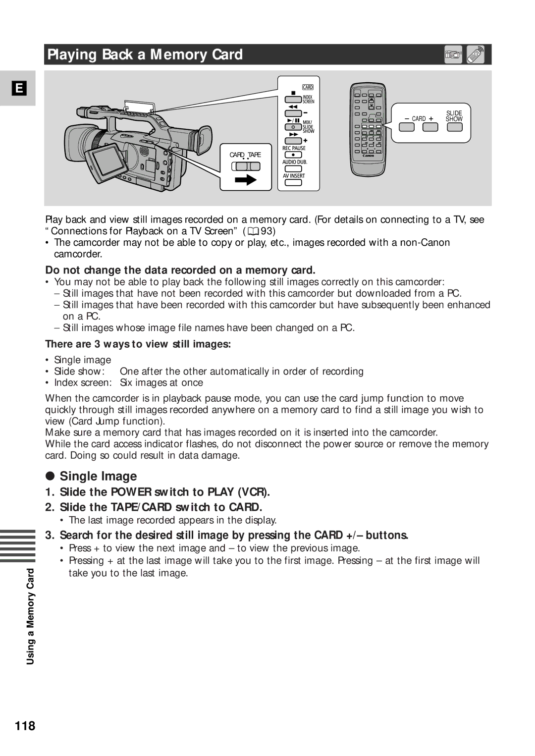 Canon XM2 PAL instruction manual Playing Back a Memory Card, 118 