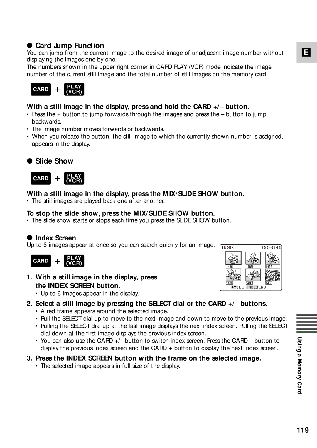 Canon XM2 PAL Card Jump Function, Slide Show, 119, To stop the slide show, press the MIX/SLIDE Show button, Index Screen 