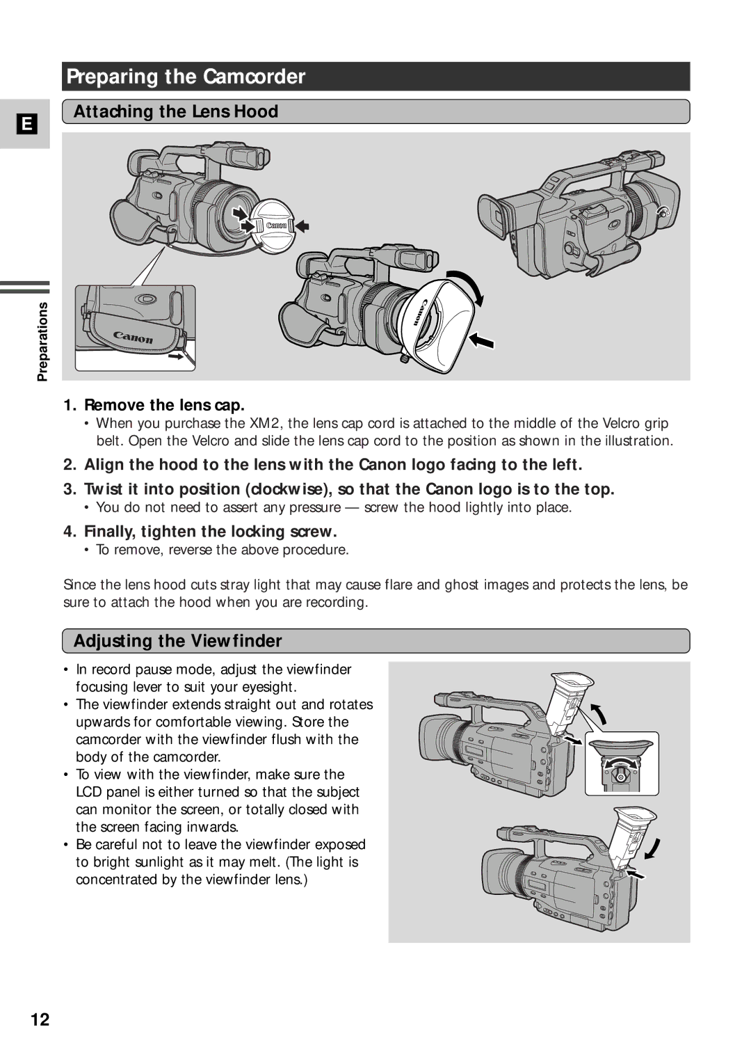 Canon XM2 PAL Preparing the Camcorder, Attaching the Lens Hood, Adjusting the Viewfinder, Remove the lens cap 