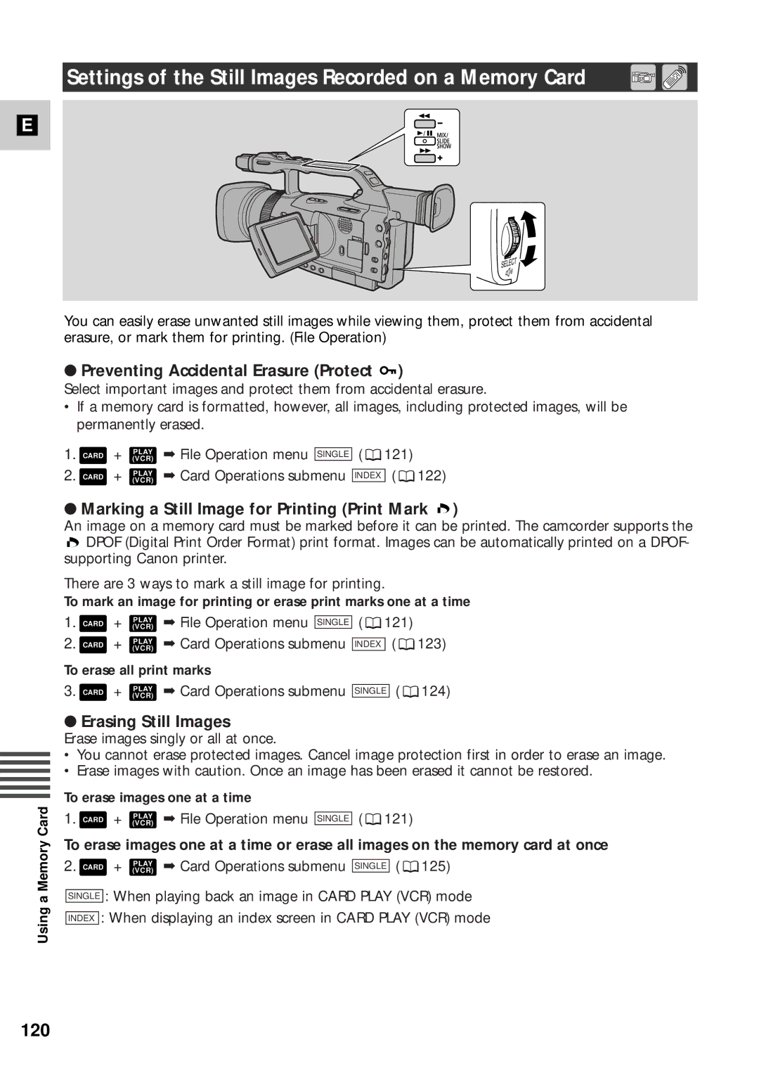 Canon XM2 PAL Settings of the Still Images Recorded on a Memory Card, 120, Preventing Accidental Erasure Protect 