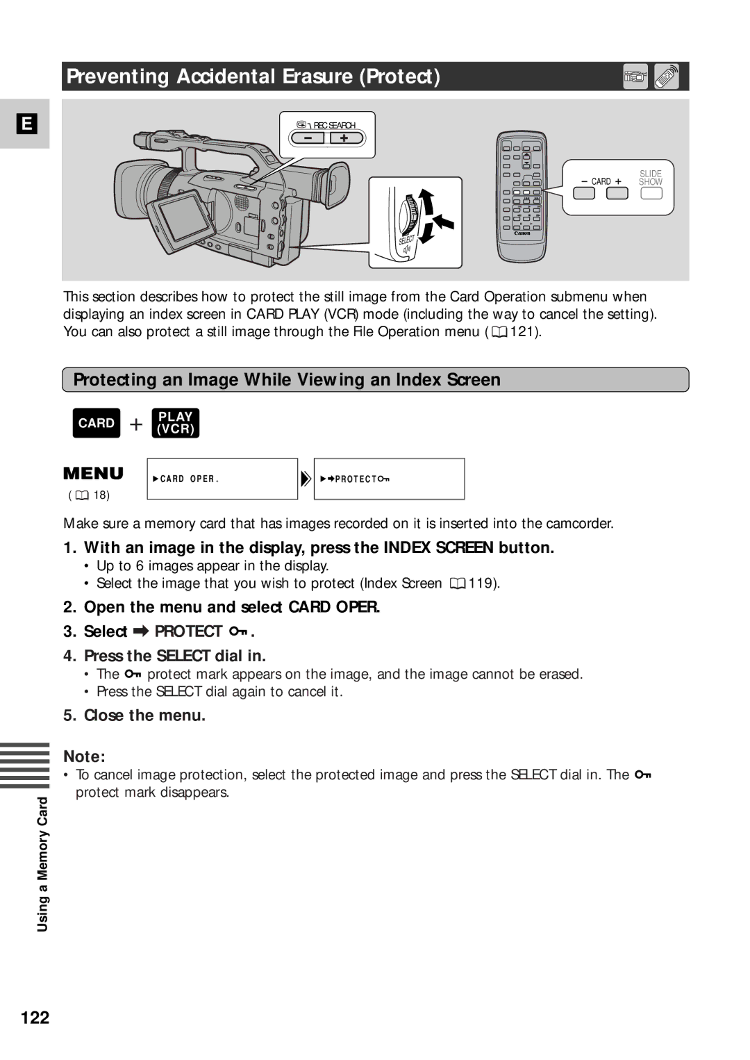 Canon XM2 PAL Preventing Accidental Erasure Protect, Protecting an Image While Viewing an Index Screen, 122 