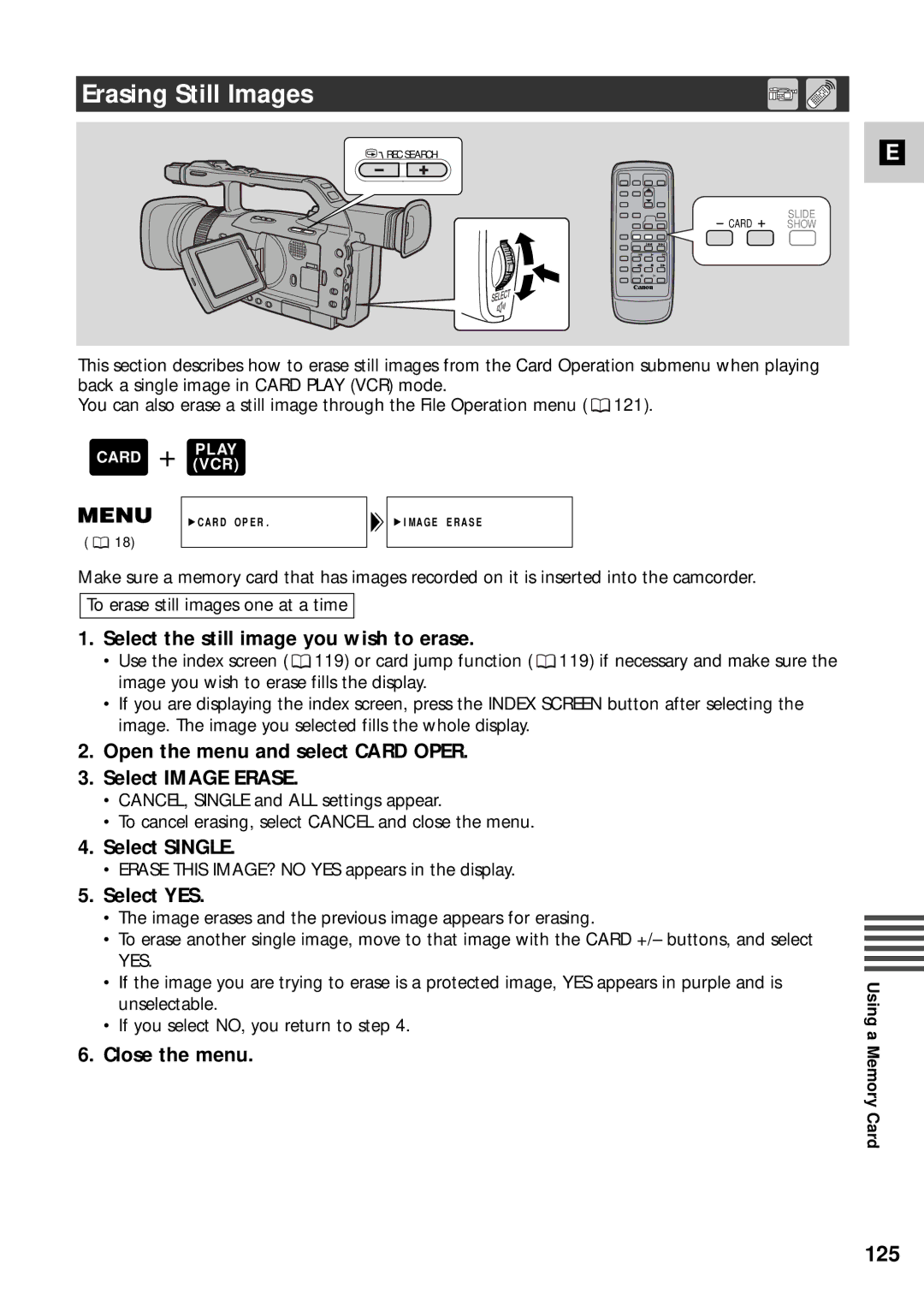 Canon XM2 PAL instruction manual Erasing Still Images, 125, Select the still image you wish to erase, Select Single 