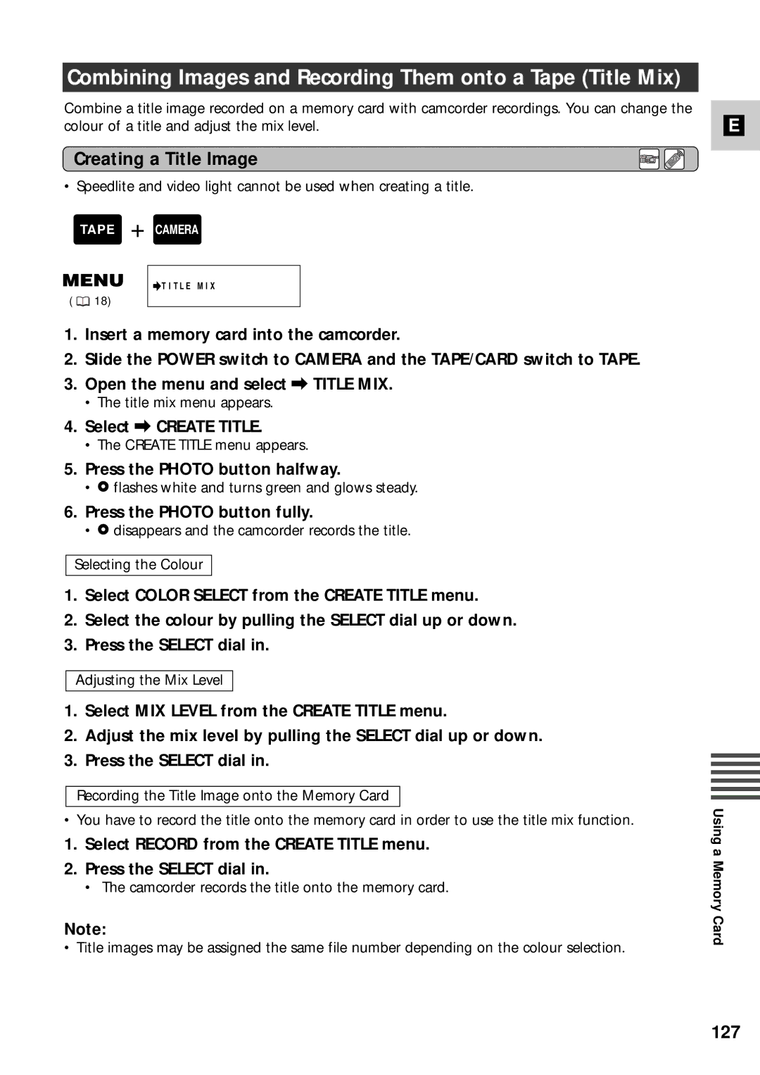 Canon XM2 PAL instruction manual Combining Images and Recording Them onto a Tape Title Mix, Creating a Title Image, 127 