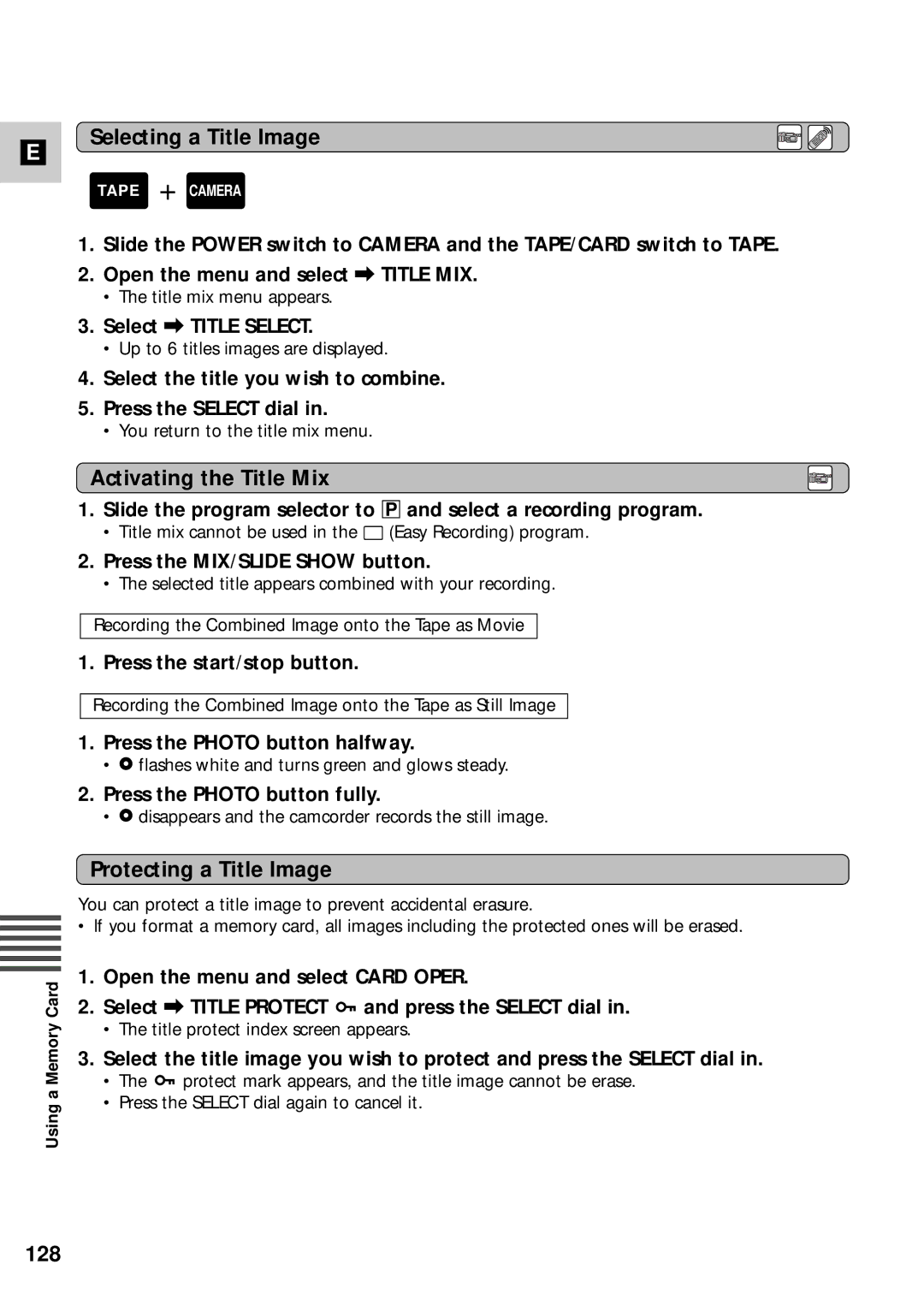 Canon XM2 PAL instruction manual Selecting a Title Image, Activating the Title Mix, Protecting a Title Image, 128 