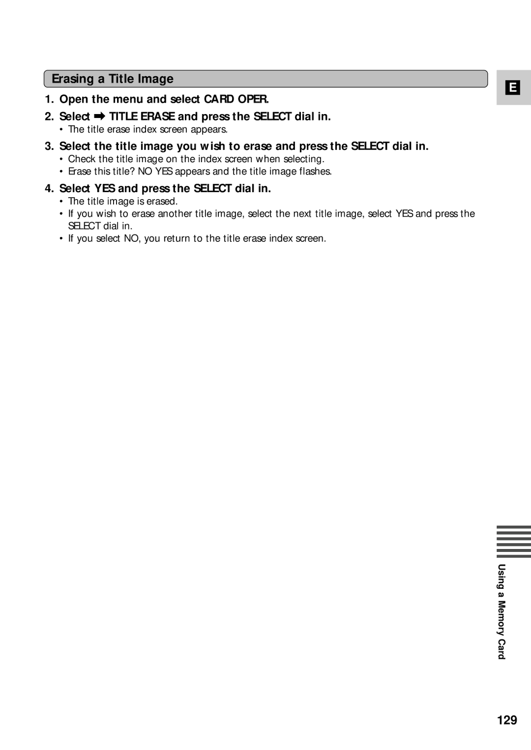 Canon XM2 PAL instruction manual Erasing a Title Image, 129, Select YES and press the Select dial 