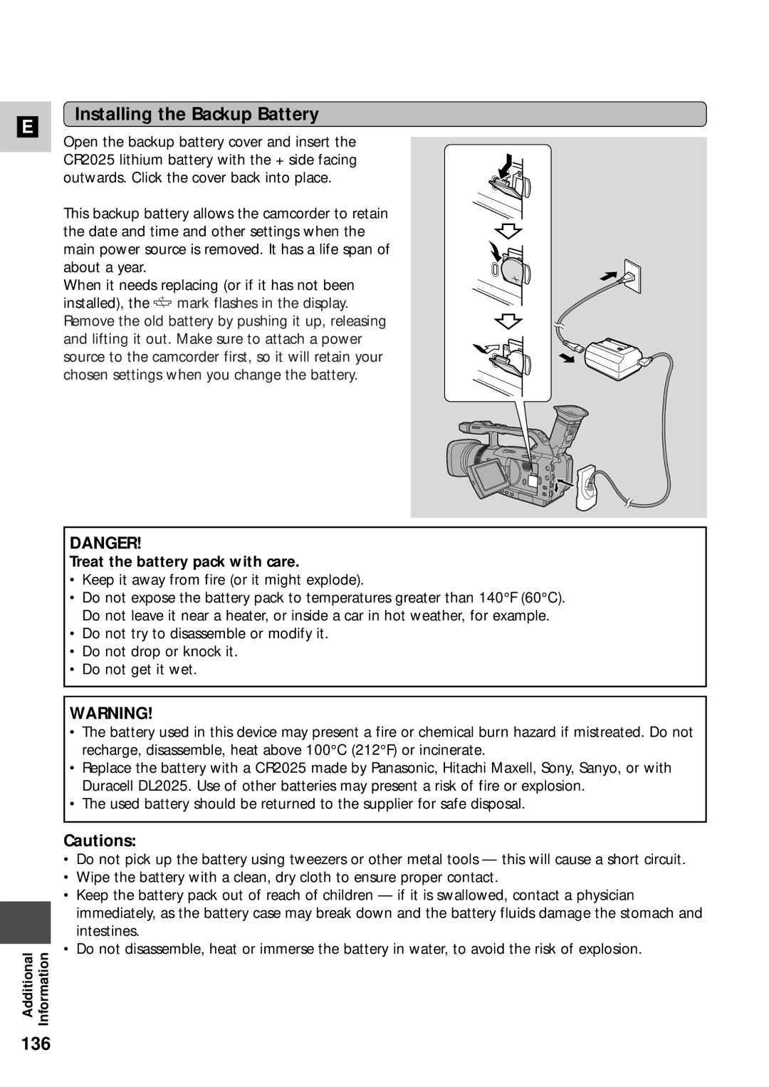 Canon XM2 PAL instruction manual Installing the Backup Battery, 136, Treat the battery pack with care 