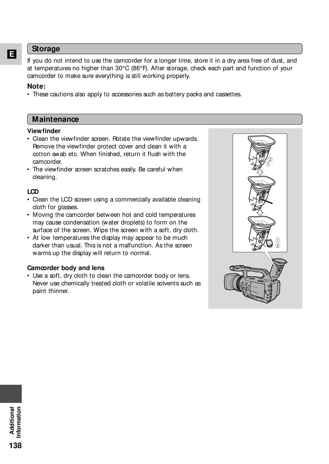 Canon XM2 PAL instruction manual Storage, Maintenance, 138, Viewfinder, Camcorder body and lens 