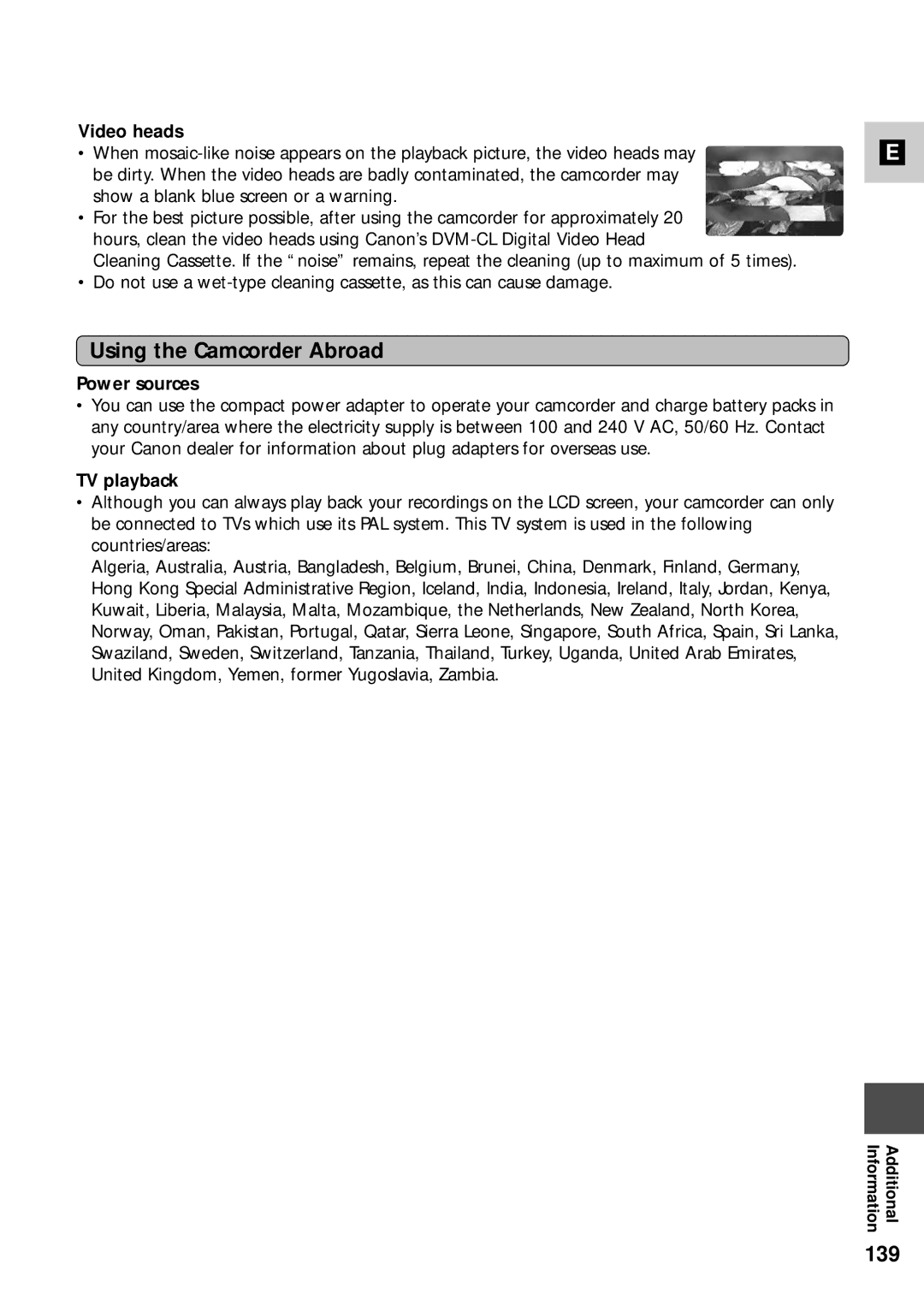 Canon XM2 PAL instruction manual Using the Camcorder Abroad, 139, Video heads, Power sources, TV playback 