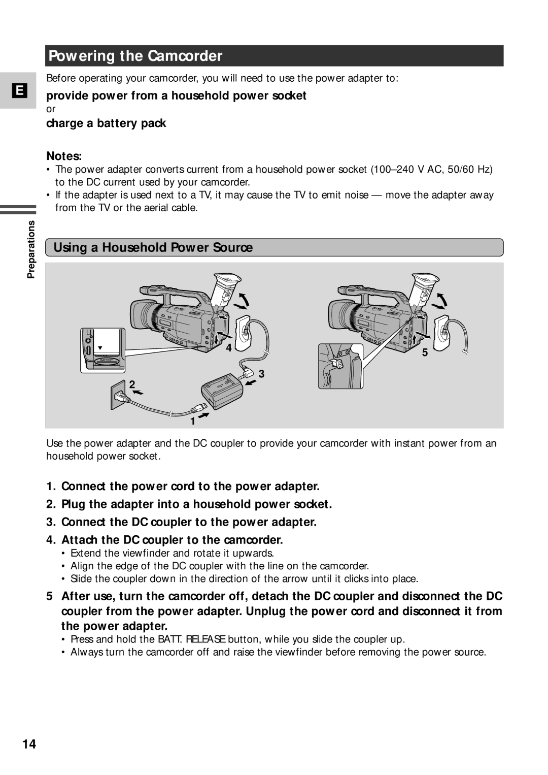 Canon XM2 PAL instruction manual Powering the Camcorder, Using a Household Power Source 