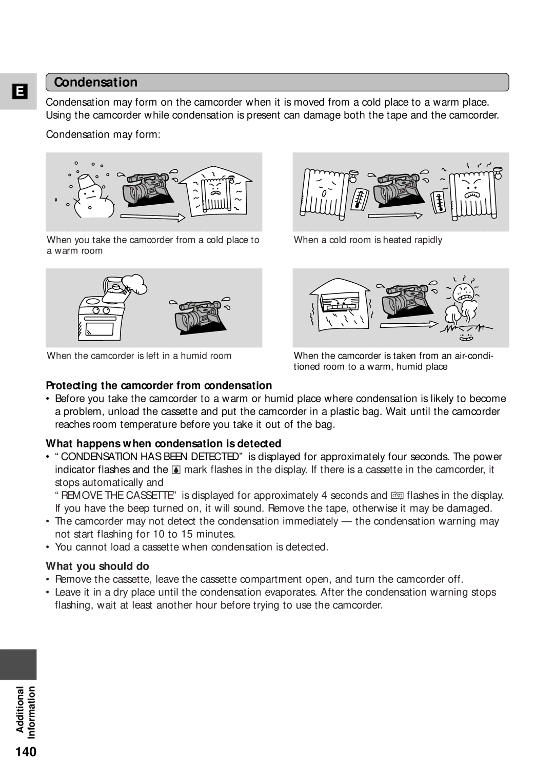 Canon XM2 PAL Condensation, 140, Protecting the camcorder from condensation, What happens when condensation is detected 