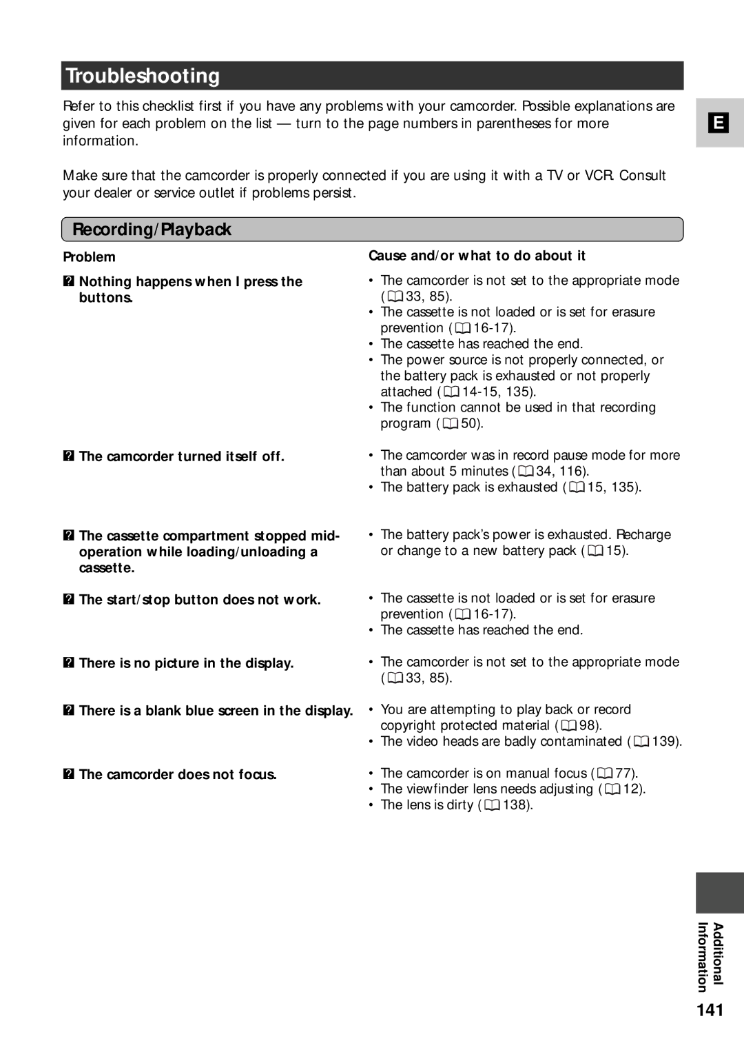 Canon XM2 PAL instruction manual Troubleshooting, Recording/Playback, 141 