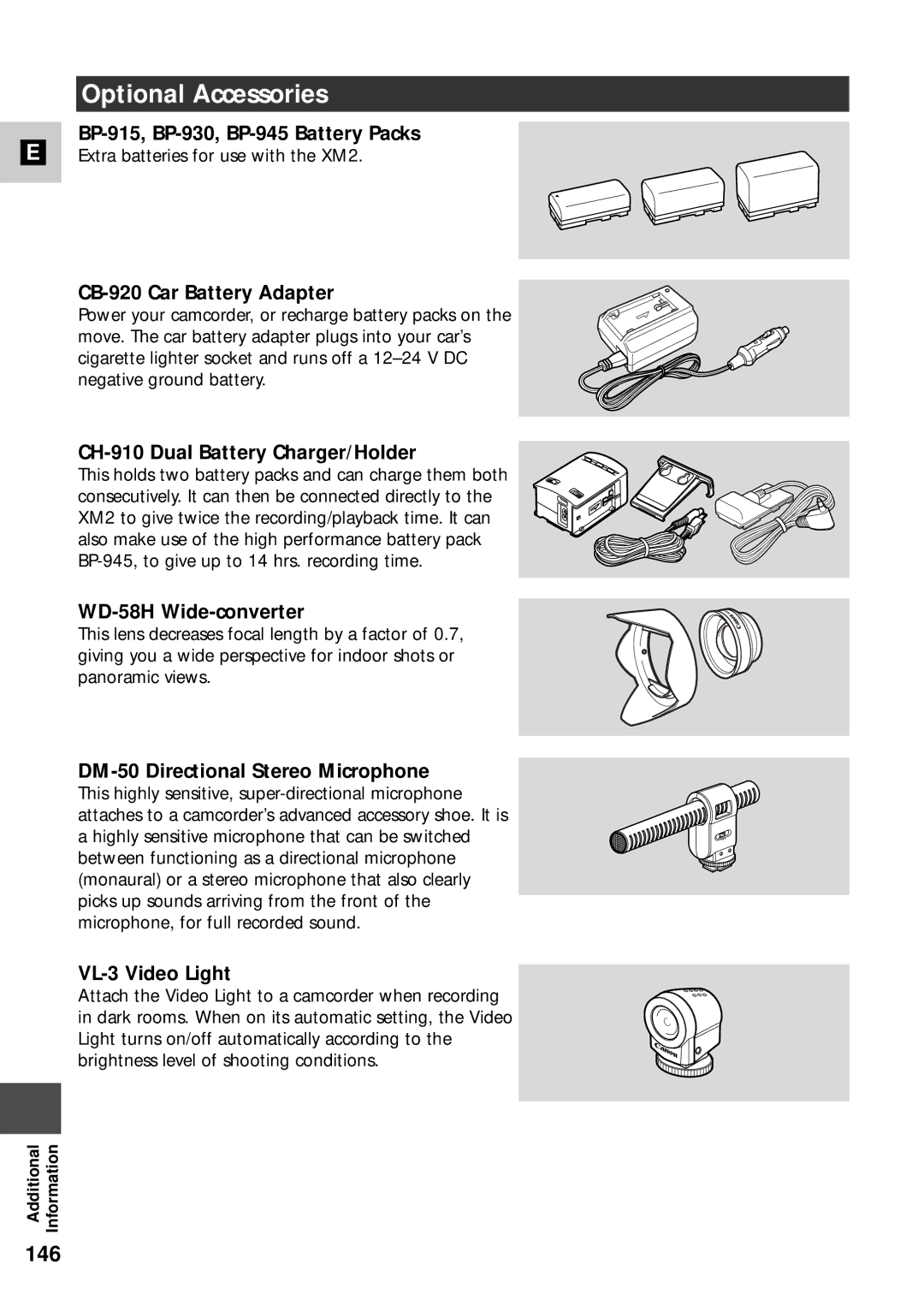 Canon XM2 PAL instruction manual Optional Accessories, 146 