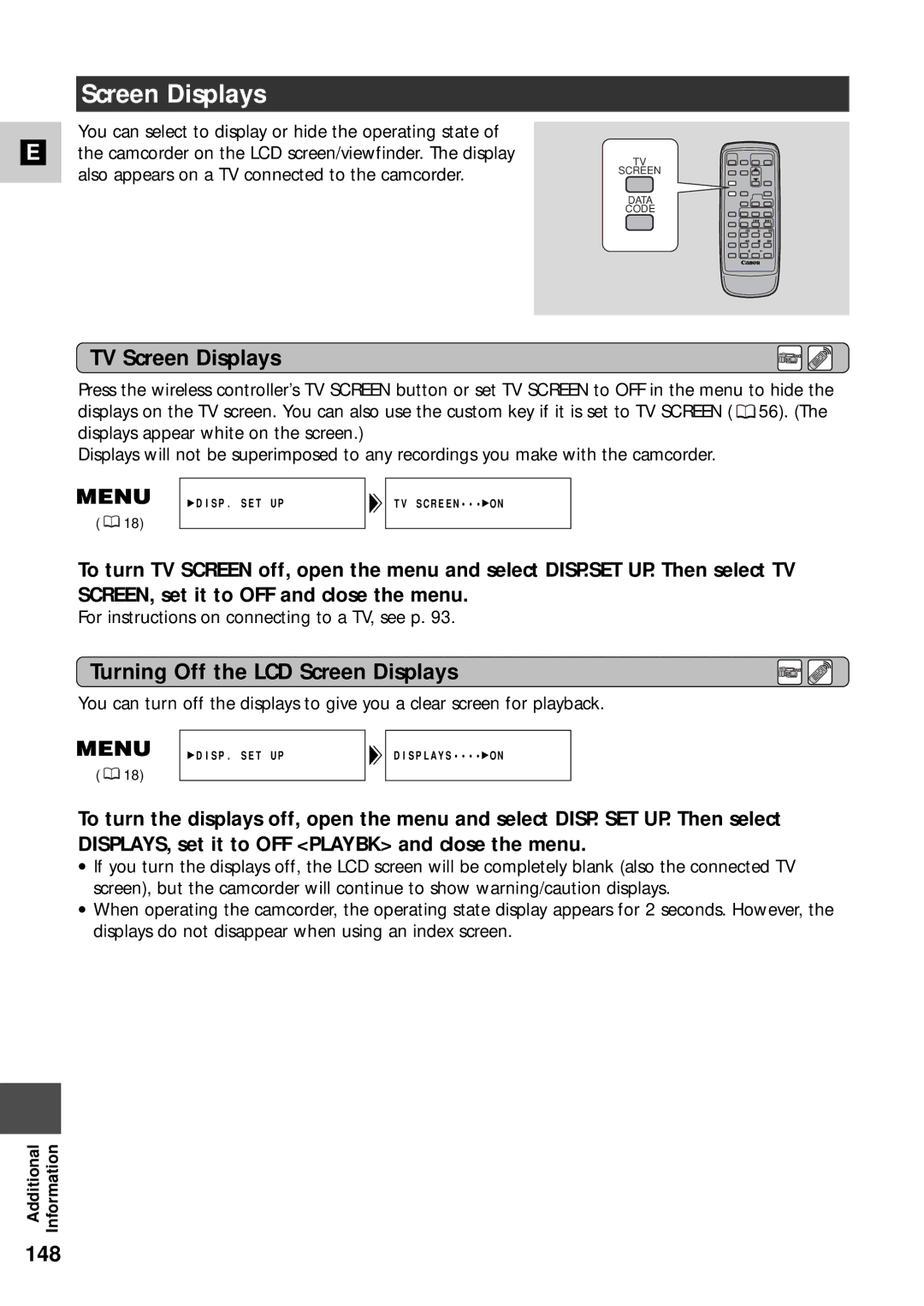 Canon XM2 PAL instruction manual TV Screen Displays, Turning Off the LCD Screen Displays, 148 