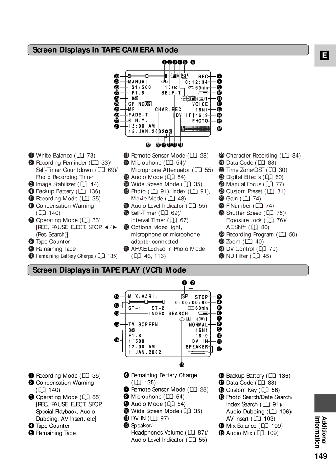 Canon XM2 PAL instruction manual Screen Displays in Tape Camera Mode, Screen Displays in Tape Play VCR Mode, 149 