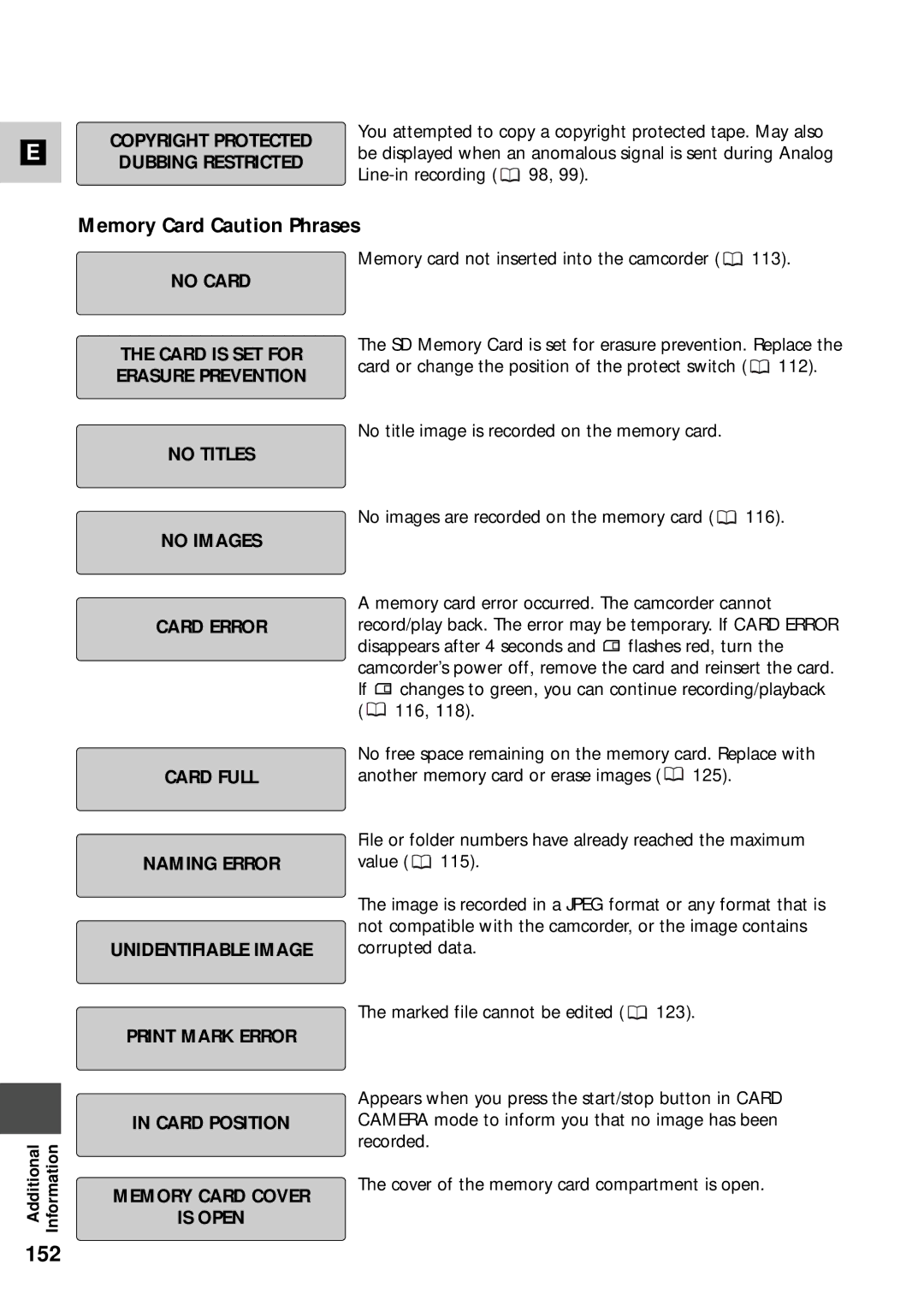 Canon XM2 PAL instruction manual 152, Memory Card Caution Phrases 