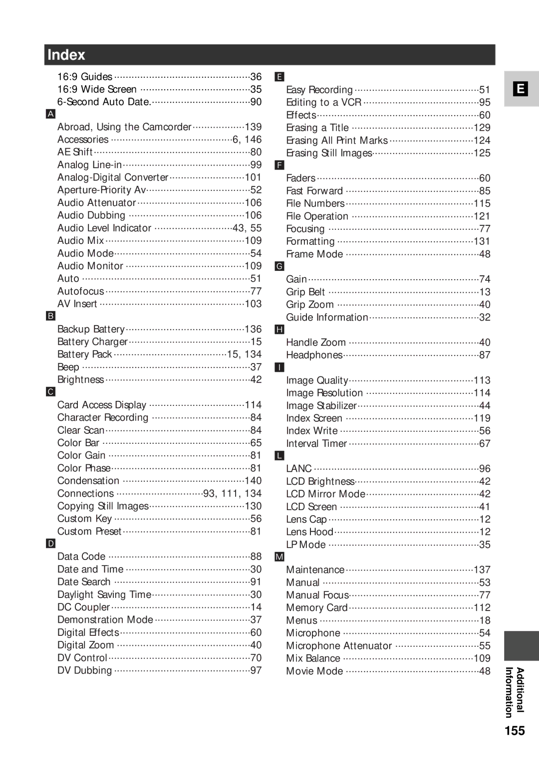 Canon XM2 PAL instruction manual Index, 155 