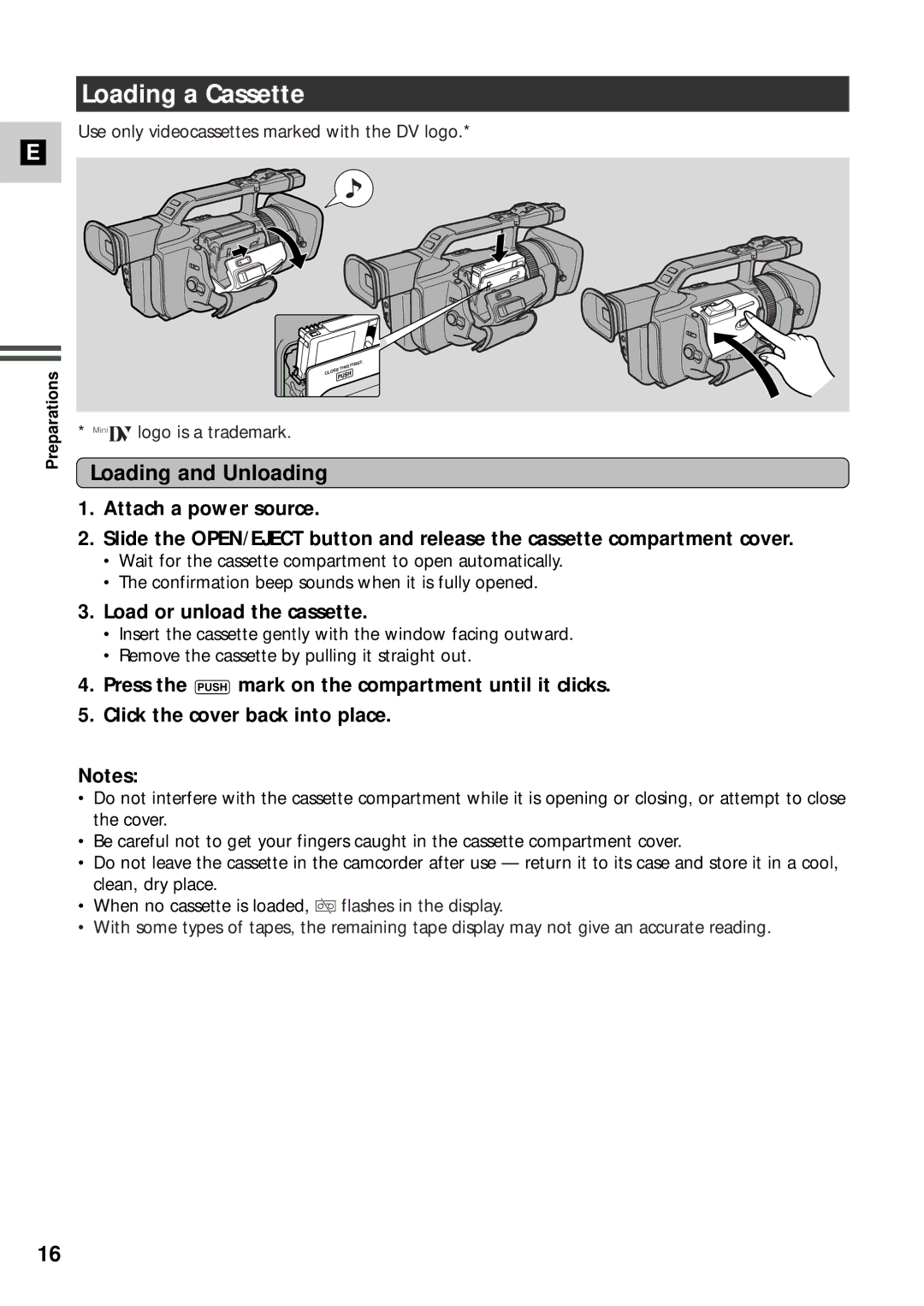 Canon XM2 PAL instruction manual Loading a Cassette, Loading and Unloading, Load or unload the cassette 