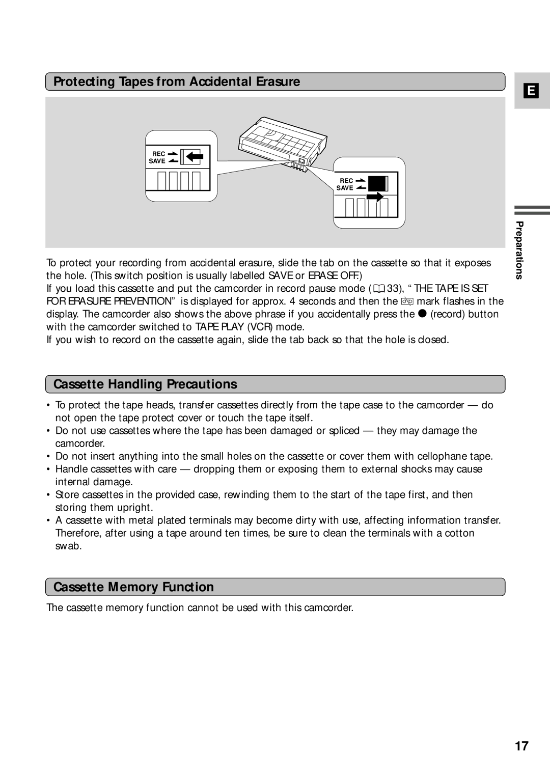 Canon XM2 PAL Protecting Tapes from Accidental Erasure, Cassette Handling Precautions, Cassette Memory Function 