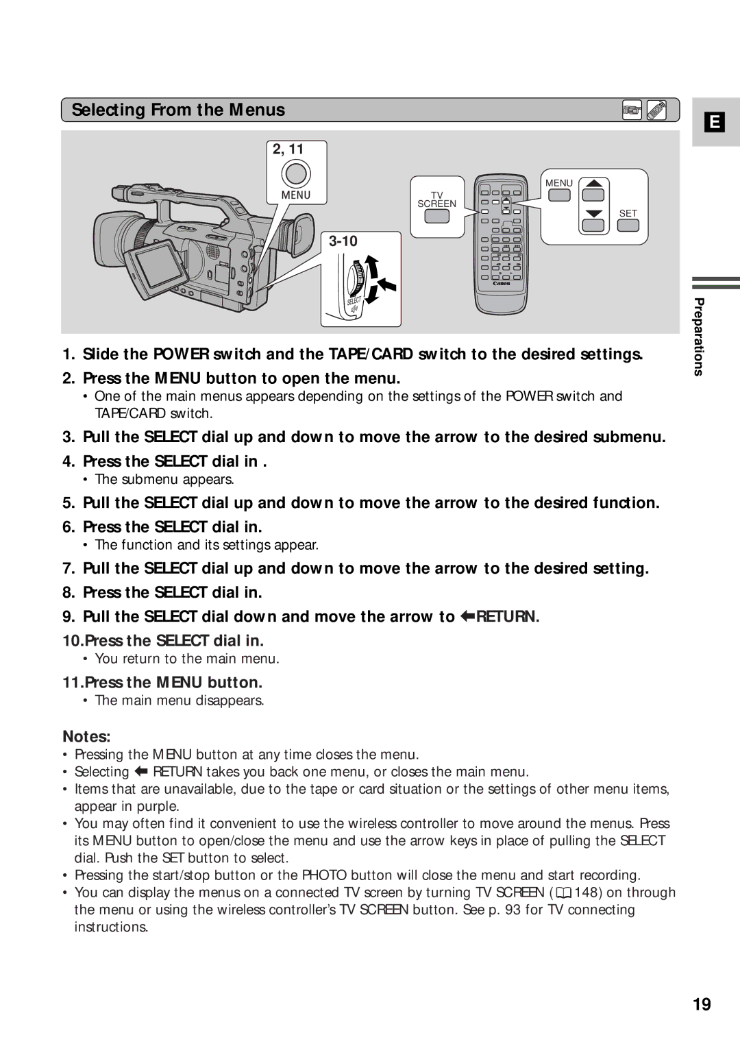 Canon XM2 PAL instruction manual Selecting From the Menus, Press the Select dial, Press the Menu button 