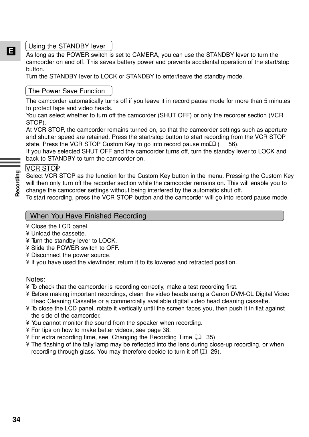 Canon XM2 PAL instruction manual When You Have Finished Recording, Using the Standby lever, Power Save Function 