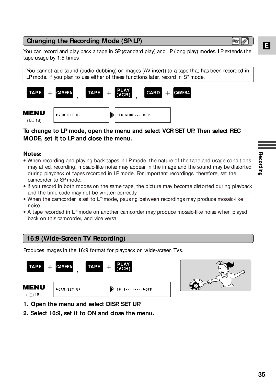 Canon XM2 PAL instruction manual Changing the Recording Mode SP/LP, Wide-Screen TV Recording 