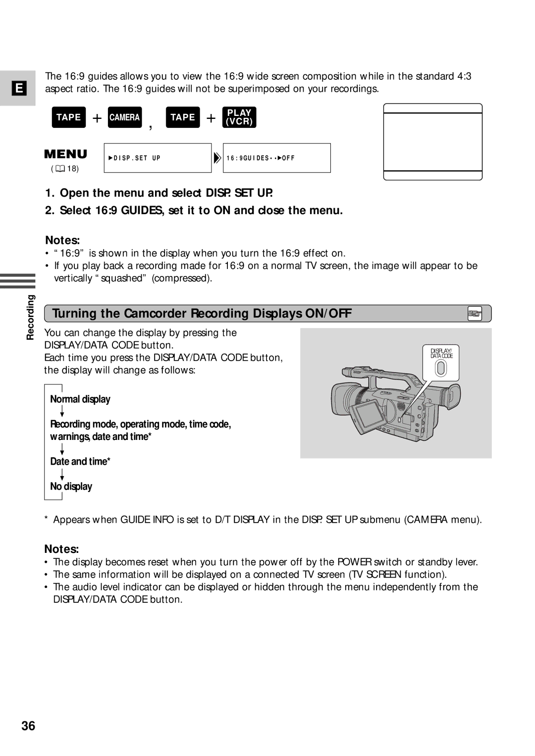 Canon XM2 PAL instruction manual Turning the Camcorder Recording Displays ON/OFF 