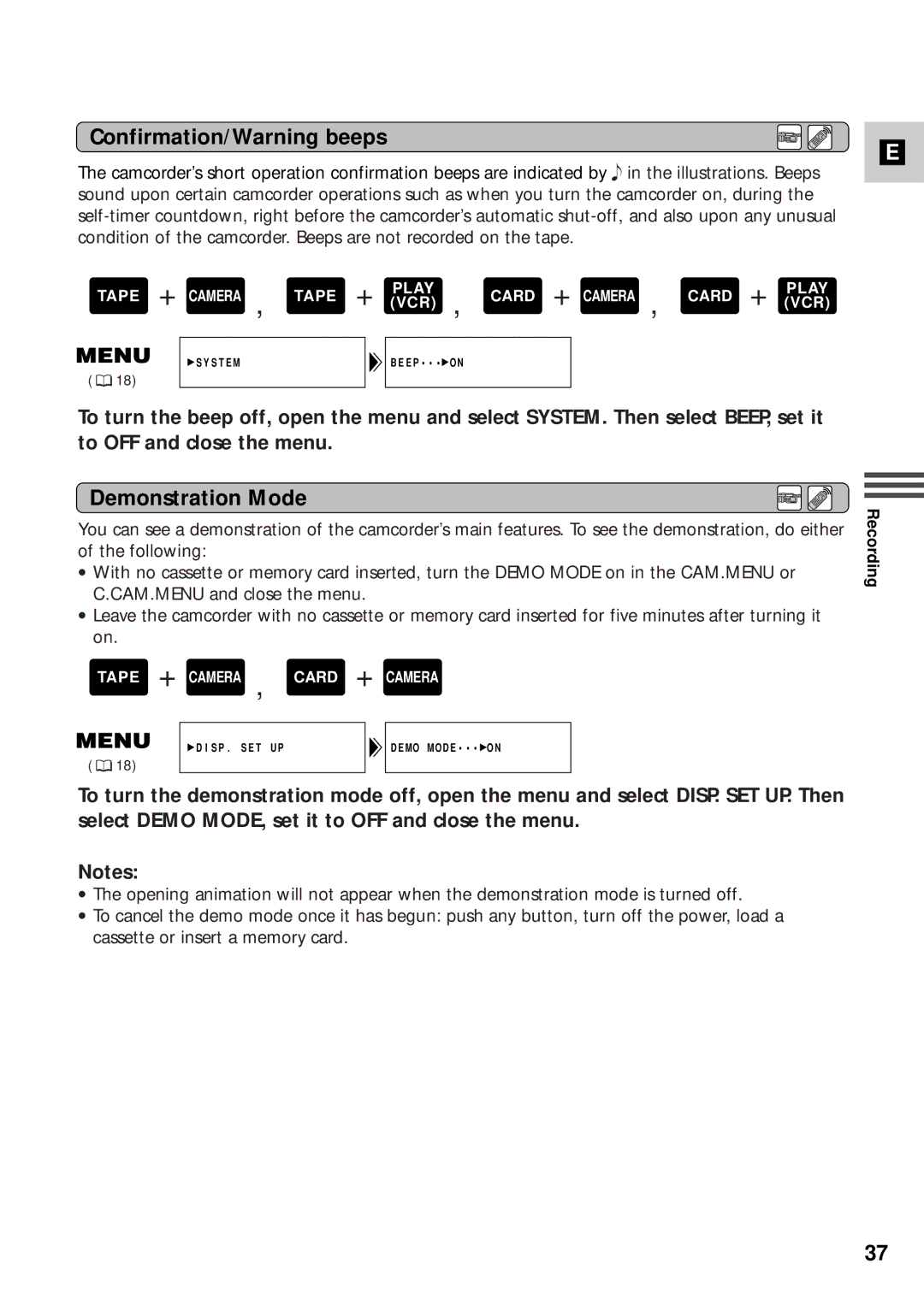 Canon XM2 PAL instruction manual Confirmation/Warning beeps, Demonstration Mode 