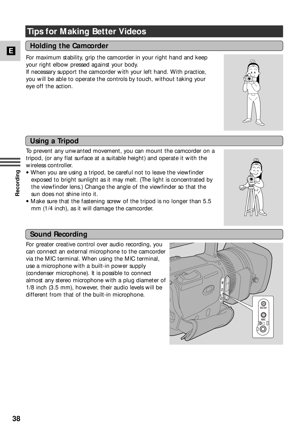 Canon XM2 PAL instruction manual Tips for Making Better Videos, Holding the Camcorder, Using a Tripod, Sound Recording 