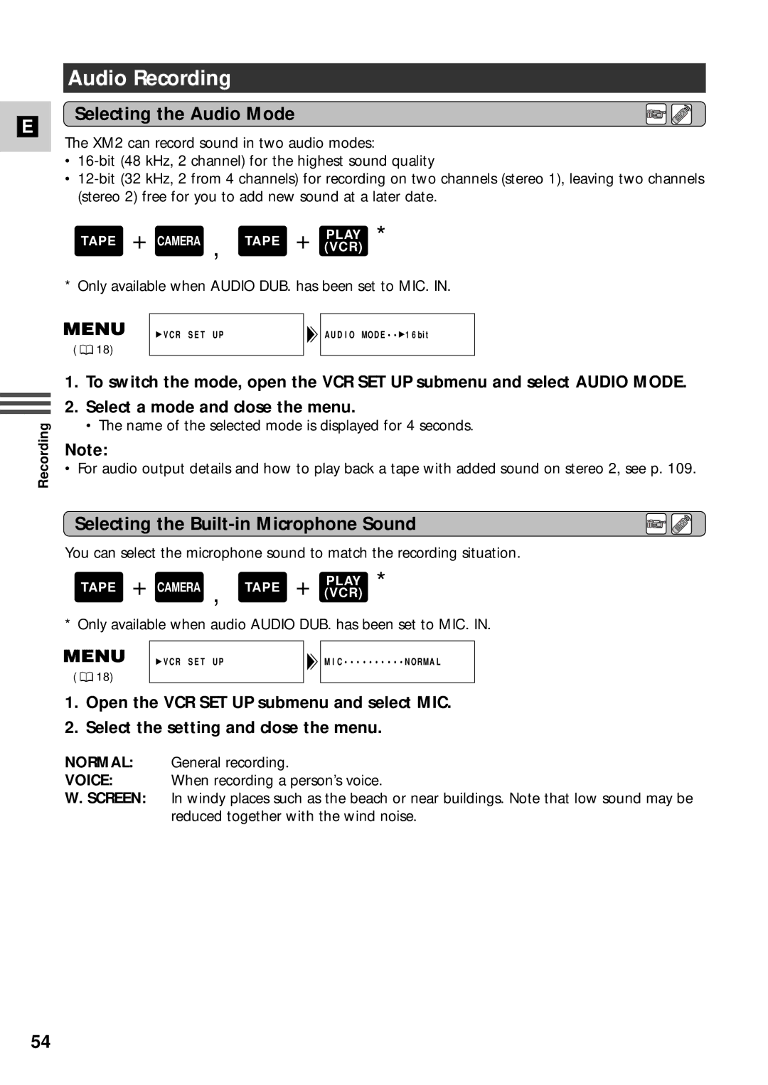 Canon XM2 PAL instruction manual Audio Recording, Selecting the Audio Mode, Selecting the Built-in Microphone Sound 