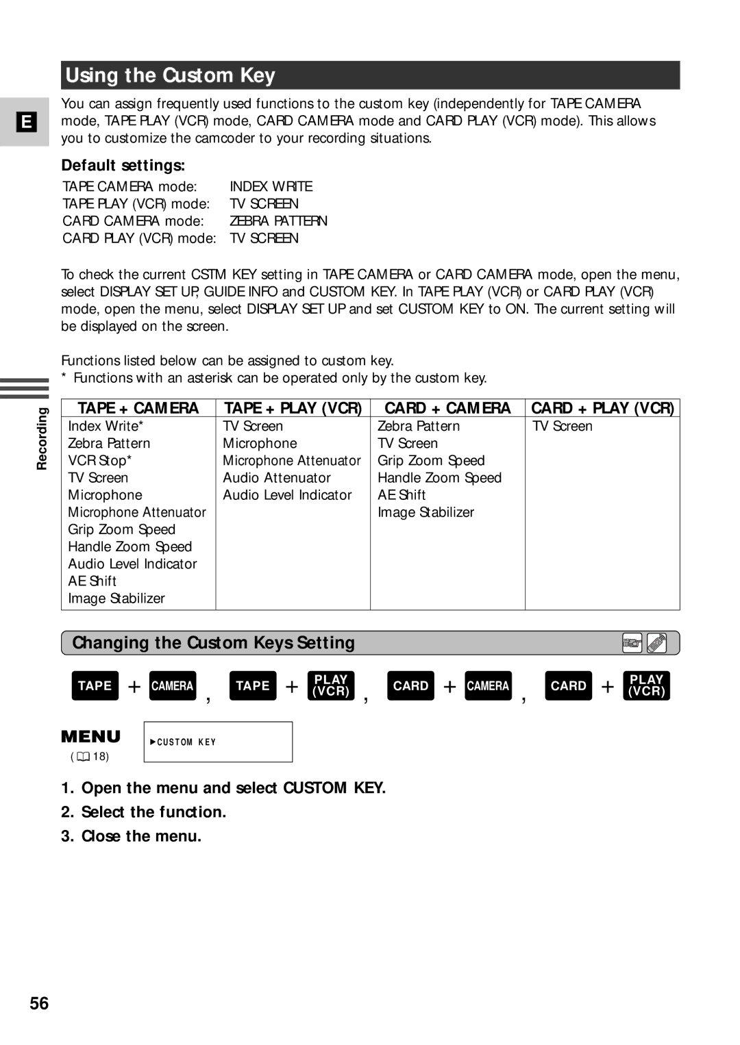 Canon XM2 PAL instruction manual Using the Custom Key, Changing the Custom Keys Setting, Default settings 