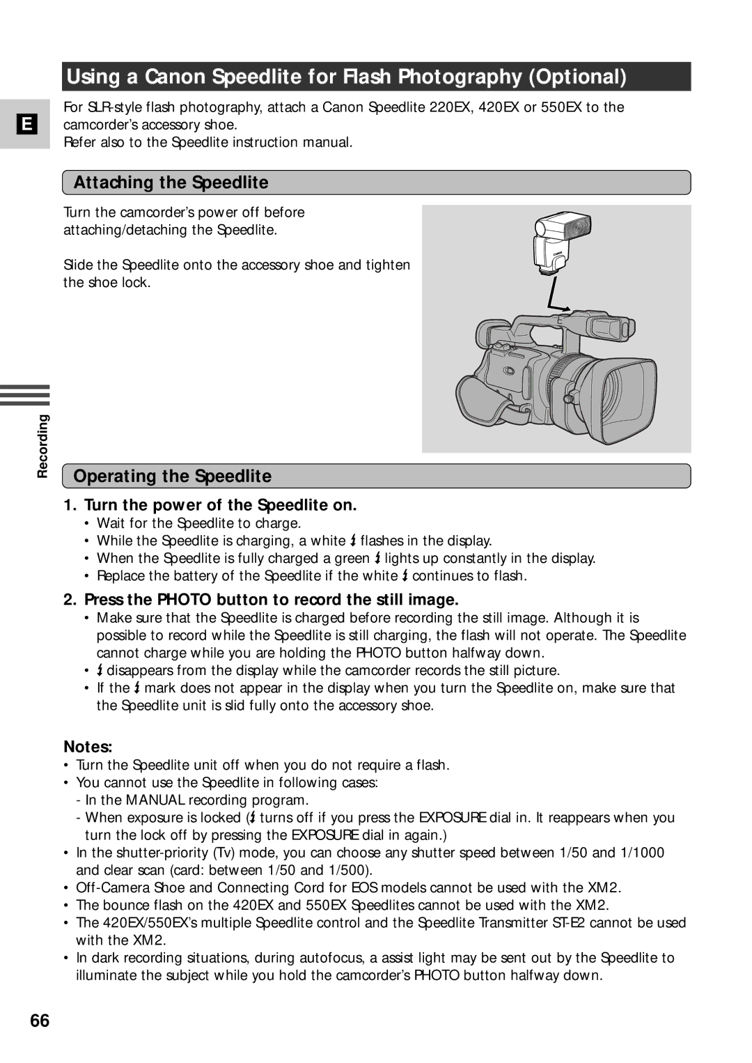 Canon XM2 PAL Using a Canon Speedlite for Flash Photography Optional, Attaching the Speedlite, Operating the Speedlite 