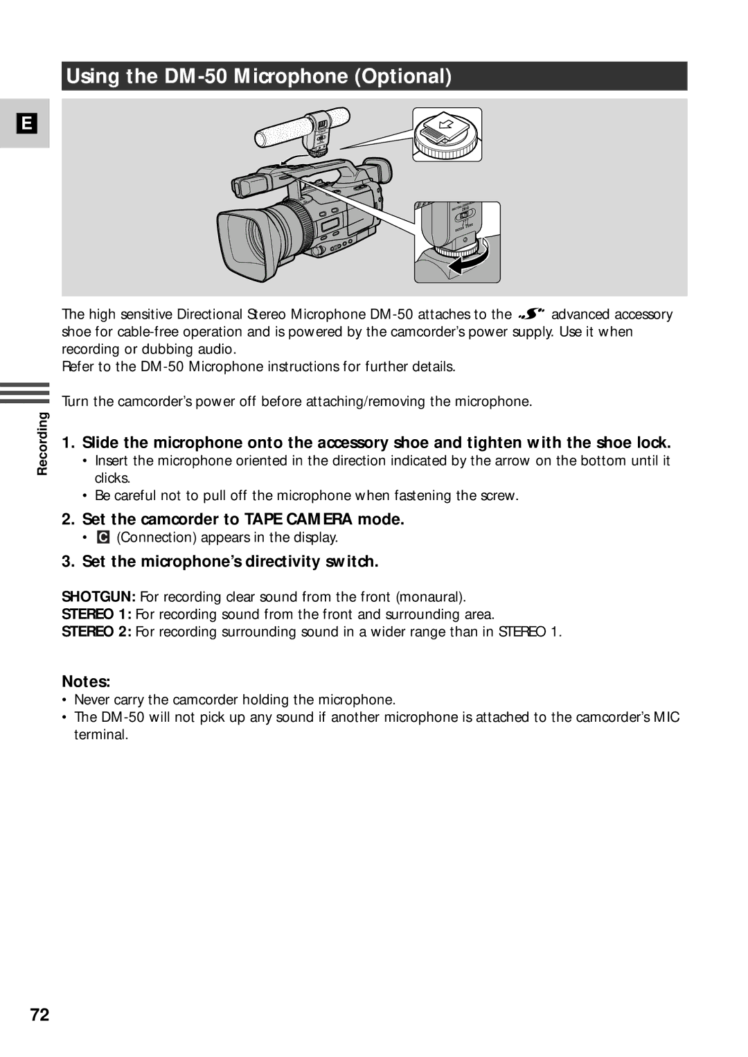 Canon XM2 PAL instruction manual Using the DM-50 Microphone Optional, Set the camcorder to Tape Camera mode 