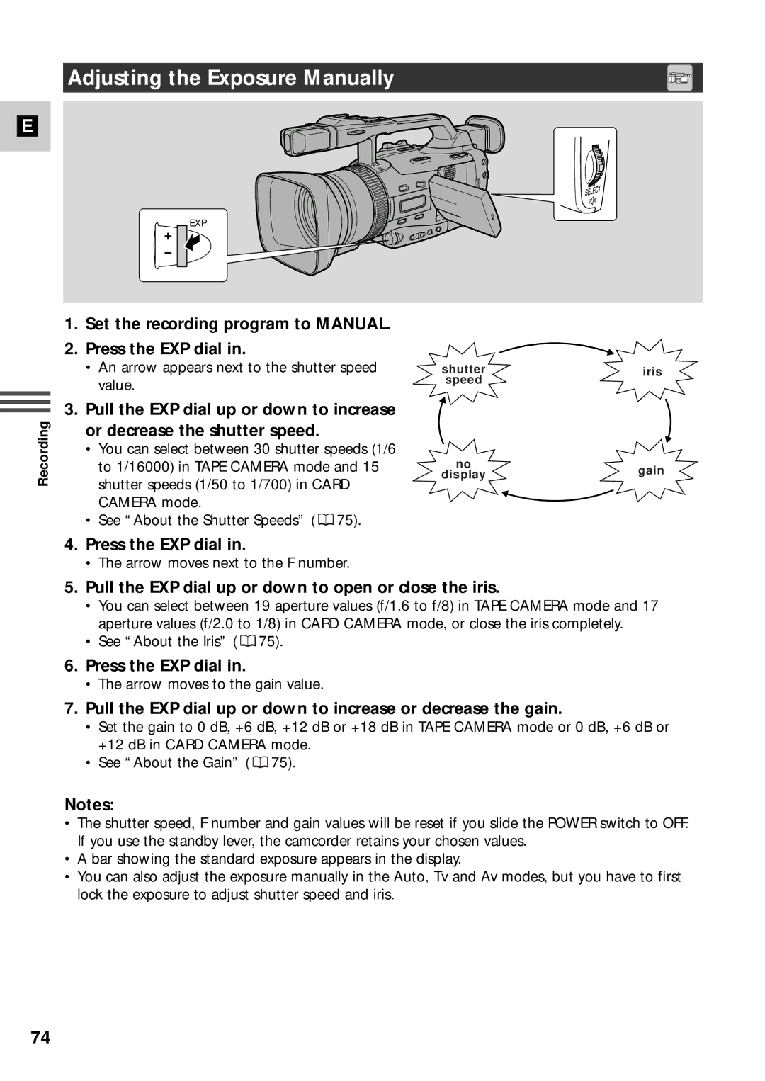 Canon XM2 PAL instruction manual Adjusting the Exposure Manually, Set the recording program to Manual Press the EXP dial 