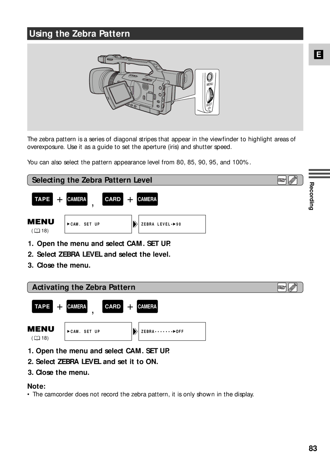 Canon XM2 PAL instruction manual Using the Zebra Pattern, Selecting the Zebra Pattern Level, Activating the Zebra Pattern 